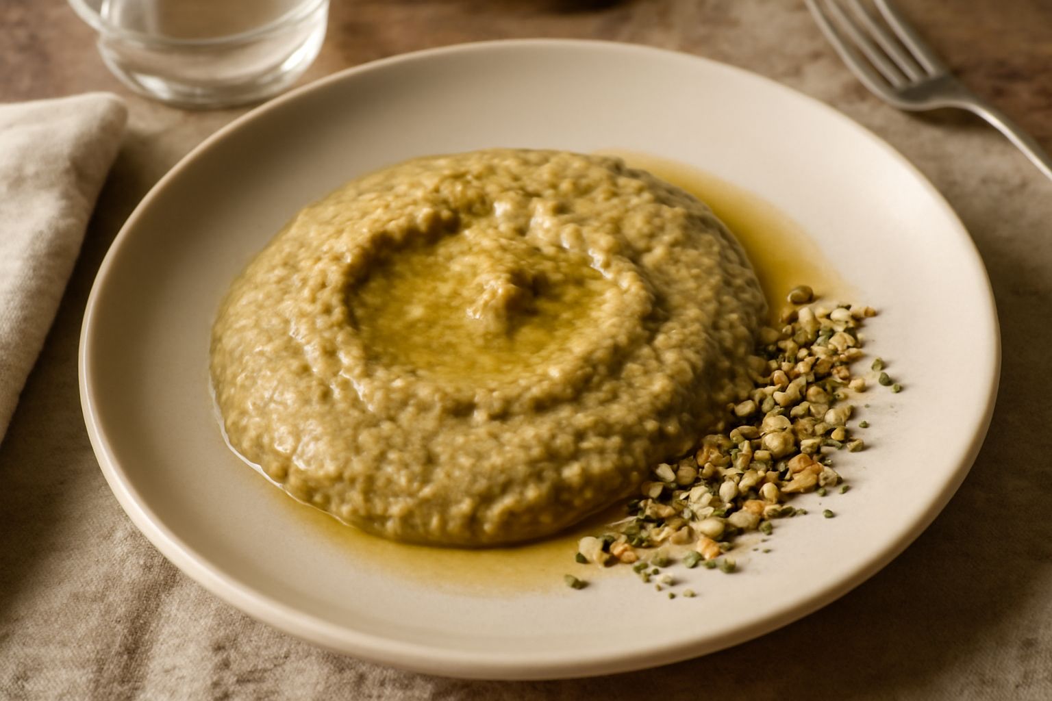 Pesto di pistacchio laziale color beige-verde in una ciotola bianca, con pistacchio intero accanto, olio brillante versato sopra e erbe fresche a contorno