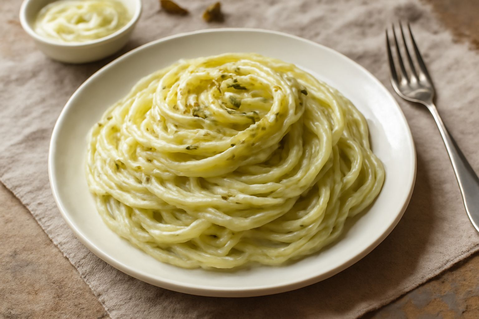 Una ciotola in ceramica bianca contiene un pesto denso di colore verde pallido con venature più scure, guarnito con un cucchiaio in legno, accanto a qualche guscio di pistacchio sbucciato su fondo neu
