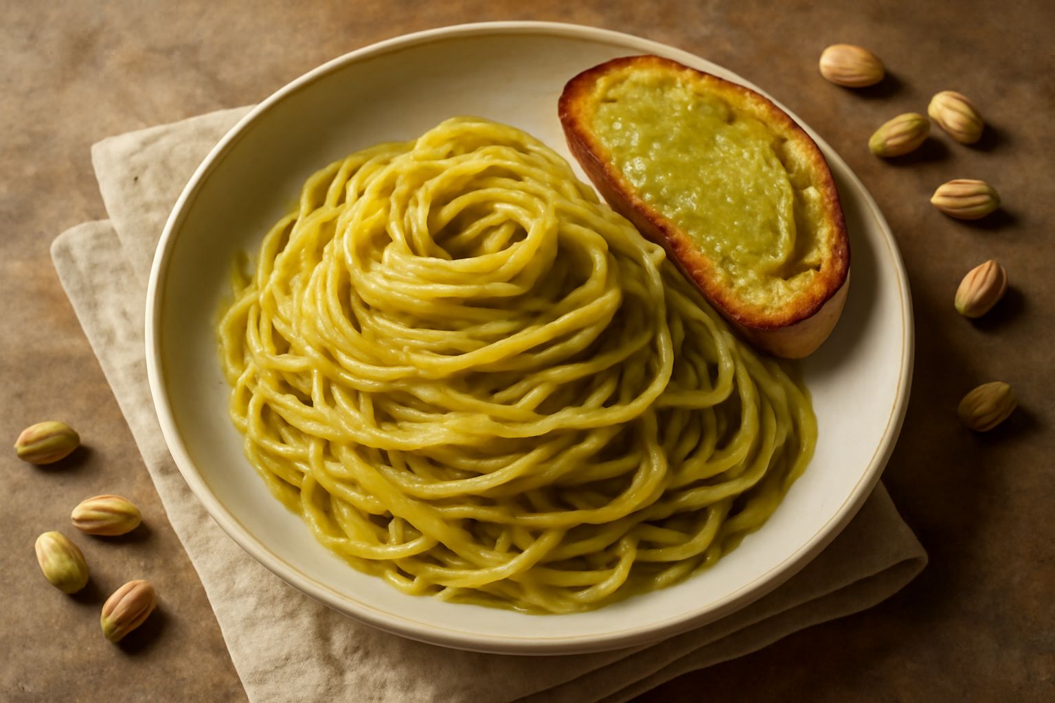 Pesto di pistacchio di colore verde giallo brillante, denso e cremoso, in una ciotola di ceramica bianca, guarnito con un pistacchio intero e un filo di olio verde scuro in superficie