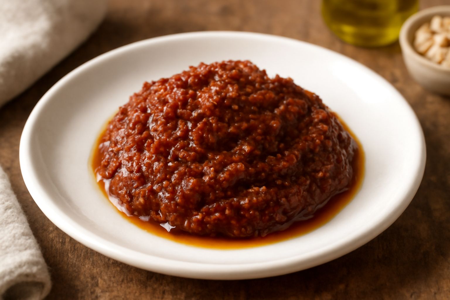Ciotola di ceramica bianca con pesto di pomodori secchi di colore rosso scuro, lucido di olio, con una foglia di basilico fresco al centro e uno spago di lino intorno