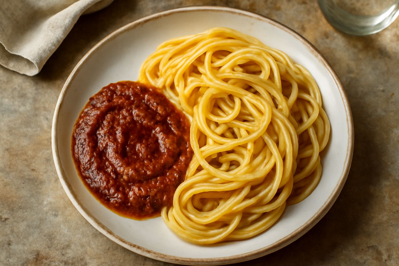 Ciotola di vetro con pesto rosso scuro e cremoso, decorato con una foglia di basilico verde, accanto a pomodori secchi rosso scuro su un piatto bianco