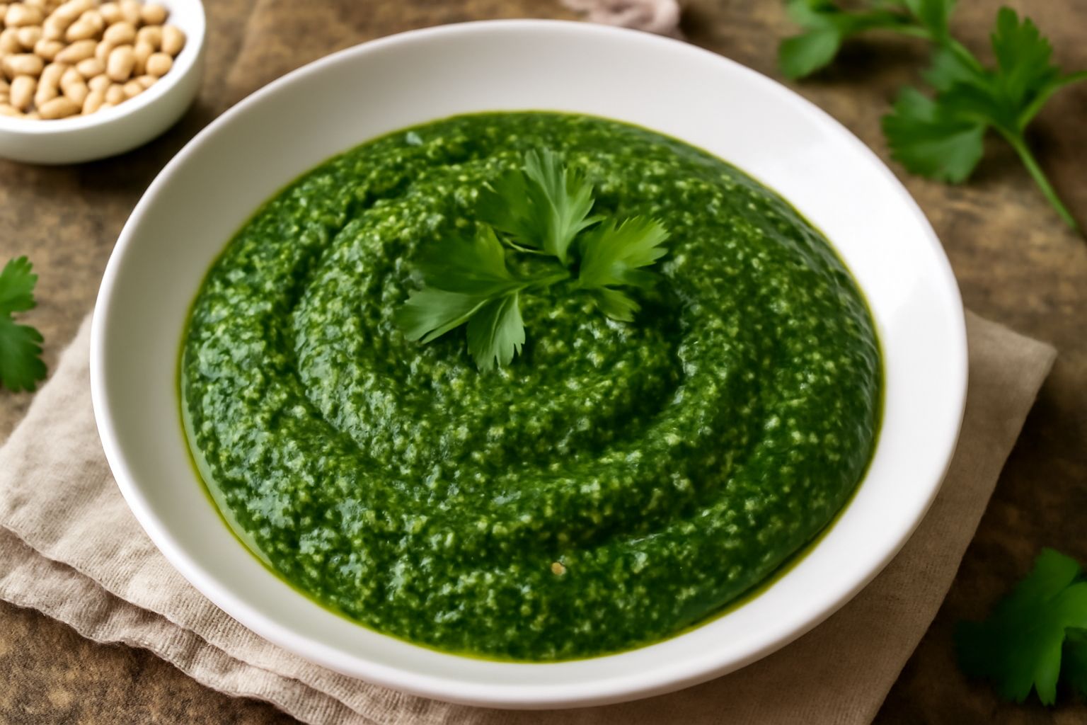 Pesto di prezzemolo verde brillante in una ciotola di ceramica bianca, con foglie di prezzemolo fresco ai lati e cucchiaio di legno, su sfondo di marmo grigio