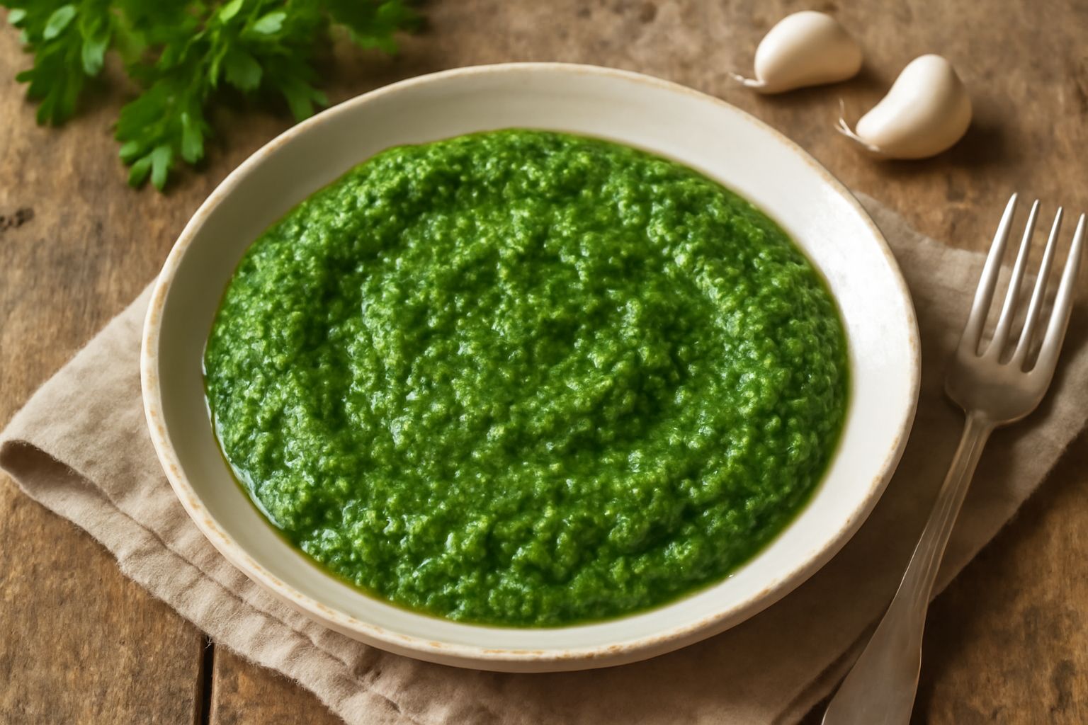 Pesto di prezzemolo e aglio color verde brillante in una ciotola bianca, con gocce di olio d'oliva lucido, prezzemolo fresco e spicchi d'aglio accanto