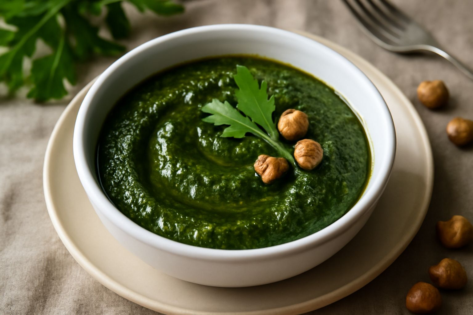 Pesto di rucola di colore verde intenso in una ciotola di ceramica bianca, guarnito con una foglia di rucola fresca e un filo di olio d'oliva, con un mortaio e nocciole intorno