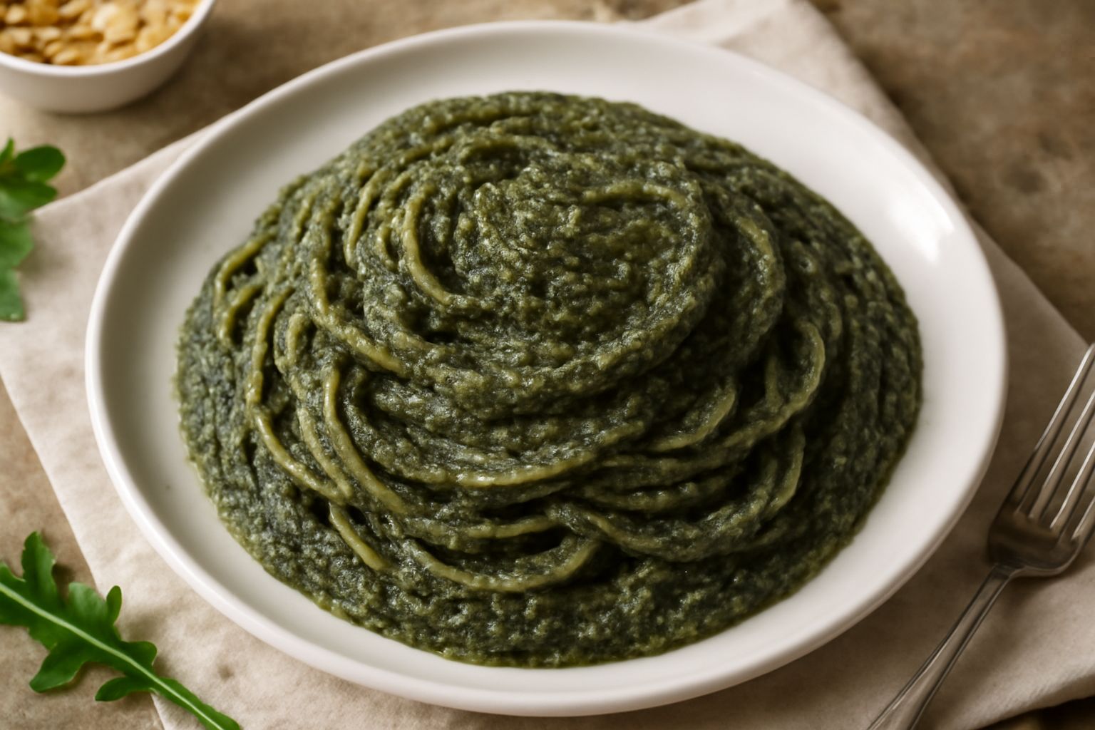 Ciotola di ceramica bianca con pesto di rucola selvatica verde scuro, superficie con tracce di olio, rucola fresca accanto e cucchiaio di legno appoggiato al bordo