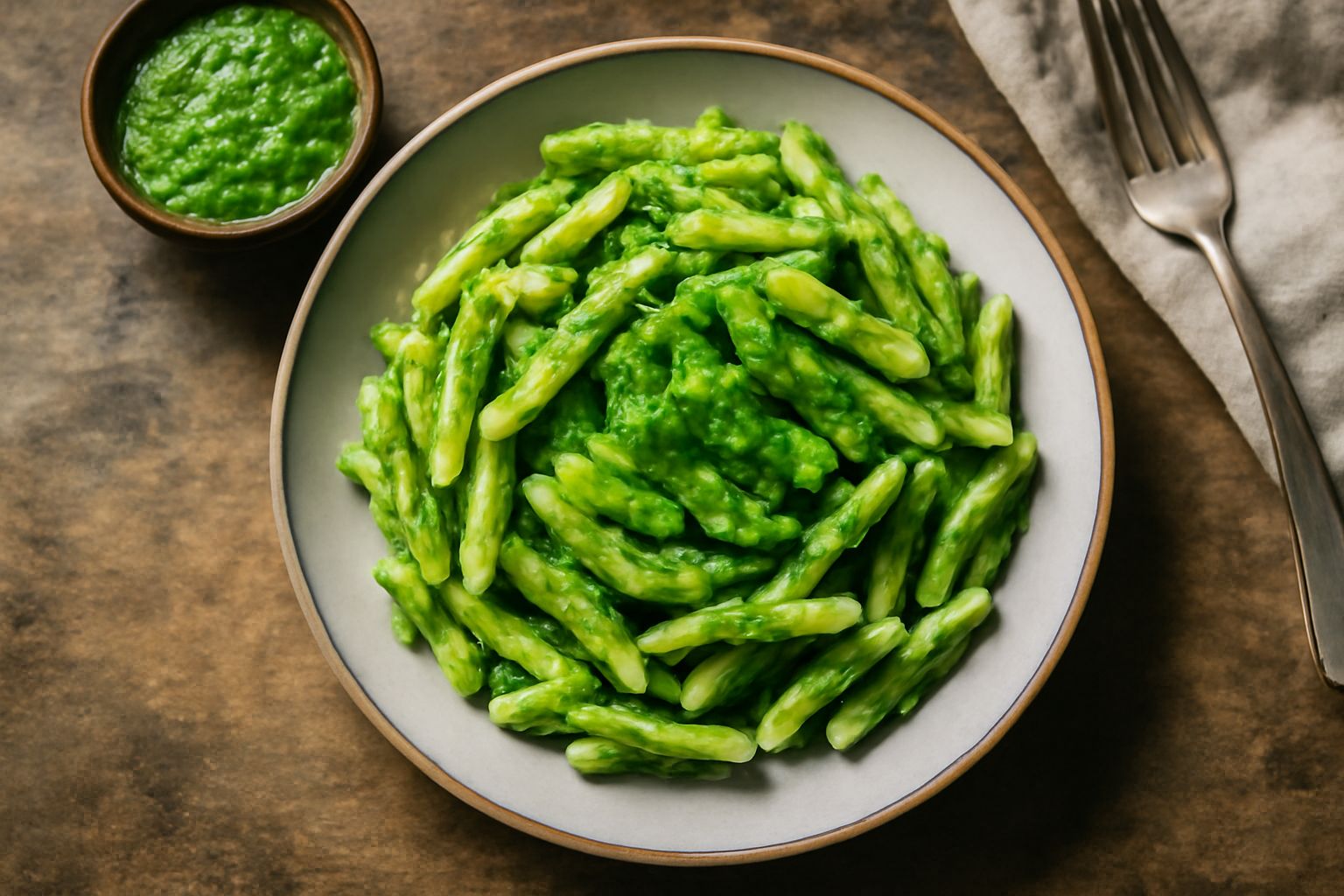 Pesto di sedano e prezzemolo di colore verde brillante in una ciotola di ceramica bianca, con un cucchiaio di legno, sedano e prezzemolo freschi accanto, pasta con la salsa depositata in fili