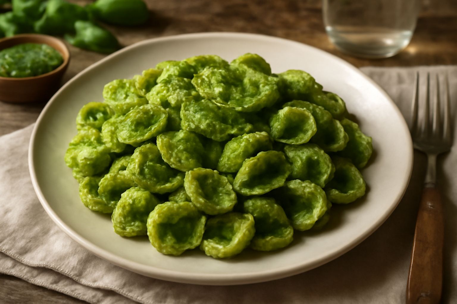 Pesto verde acceso in una ciotola di ceramica bianca, fresco e cremoso, con basil leaves sopra, accompagnato da pinoli e aglio sbucciato sul piano di lavoro