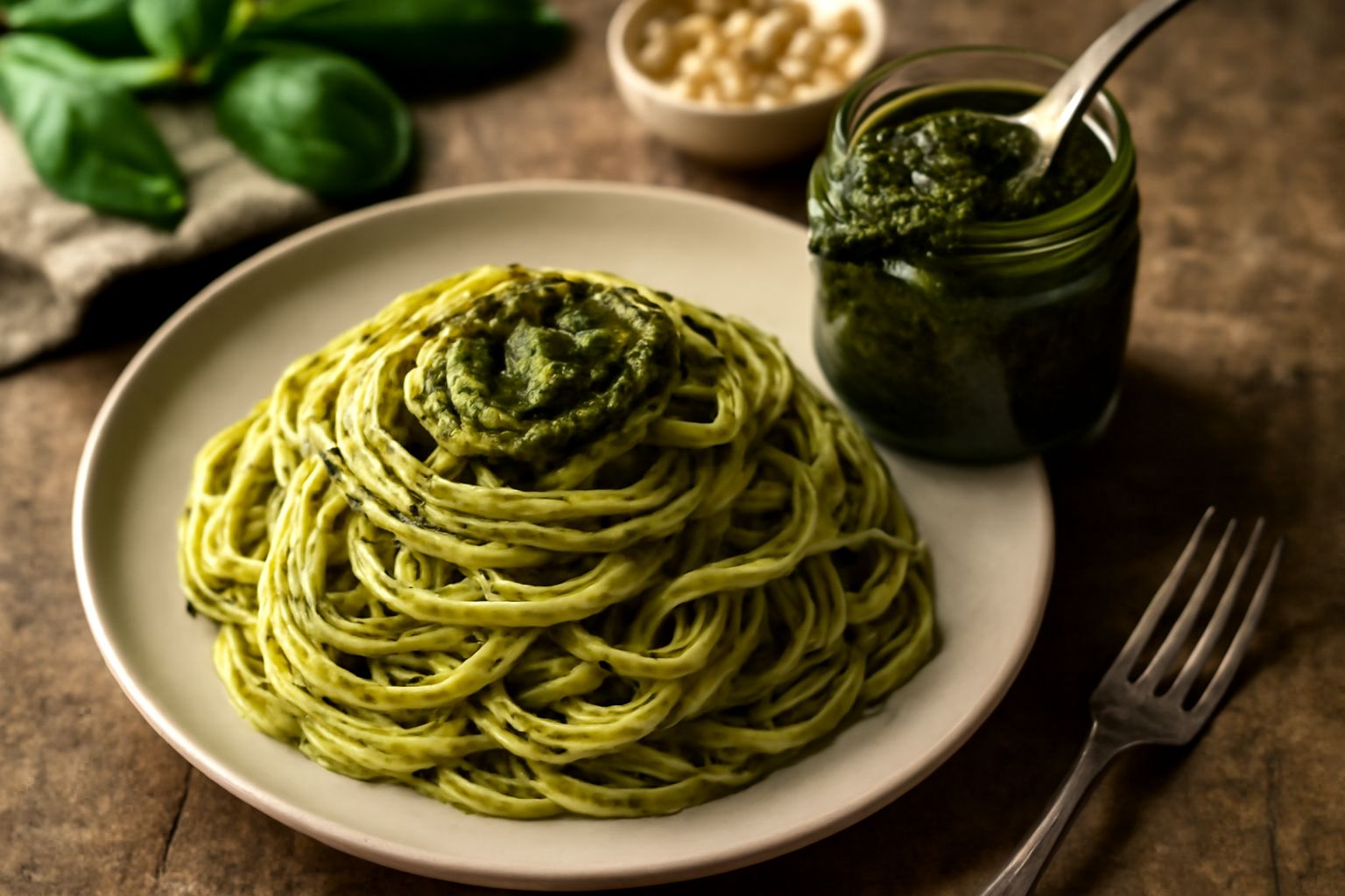 Un vasetto di vetro trasparente pieno di pesto genovese verde scuro, coperto da uno strato di olio d'oliva lucido, accanto a foglie di basilico fresco e pinoli sparsi su un tavolo di legno