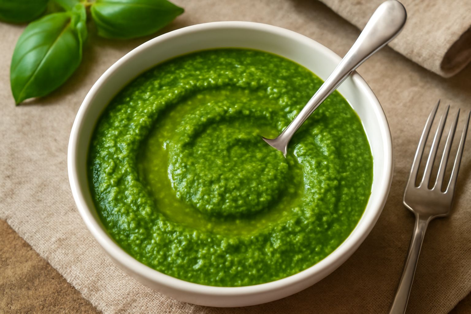 Pesto genovese verde intenso in una ciotola di ceramica bianca, cremoso e omogeneo, con gocce di olio extravergine in superficie e qualche foglia di basilico fresco accanto