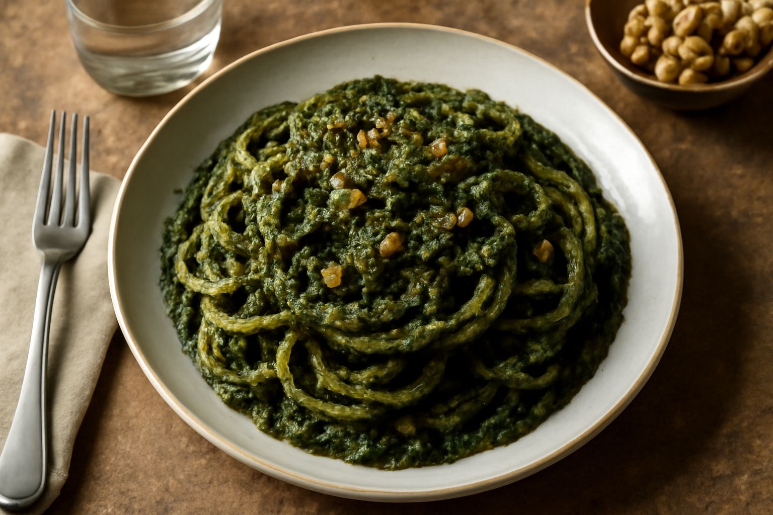 Pesto marchigiano verde intenso in una ciotola di ceramica bianca, con mortaio e pestello a lato, foglie di prezzemolo fresco e mezza noce visibili, su fondo di legno scuro