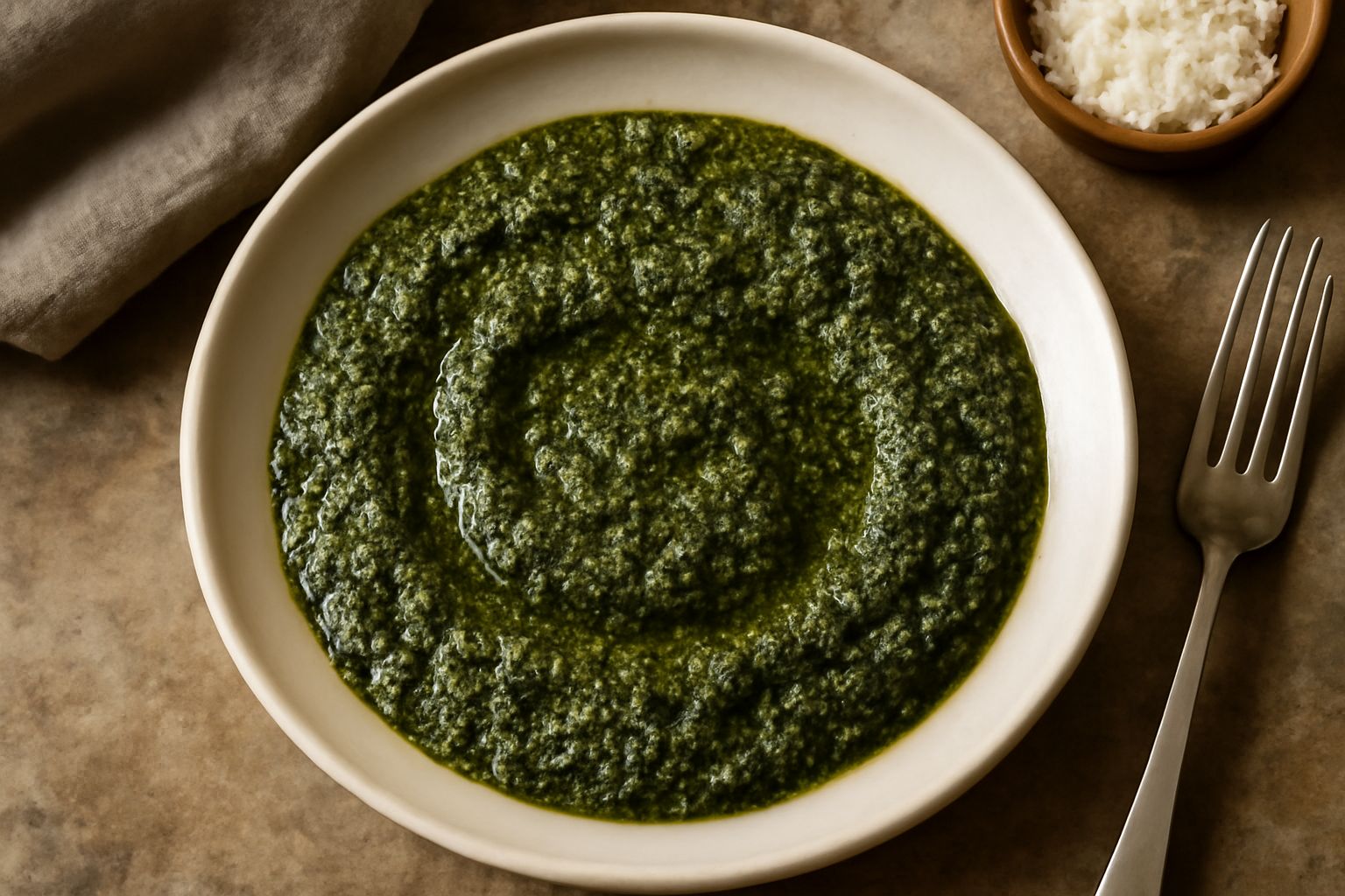 Pesto romano di colore verde intenso in una ciotola bianca, con gocce di olio d'oliva in superficie, prezzemolo fresco e una fetta di pane tostato a lato
