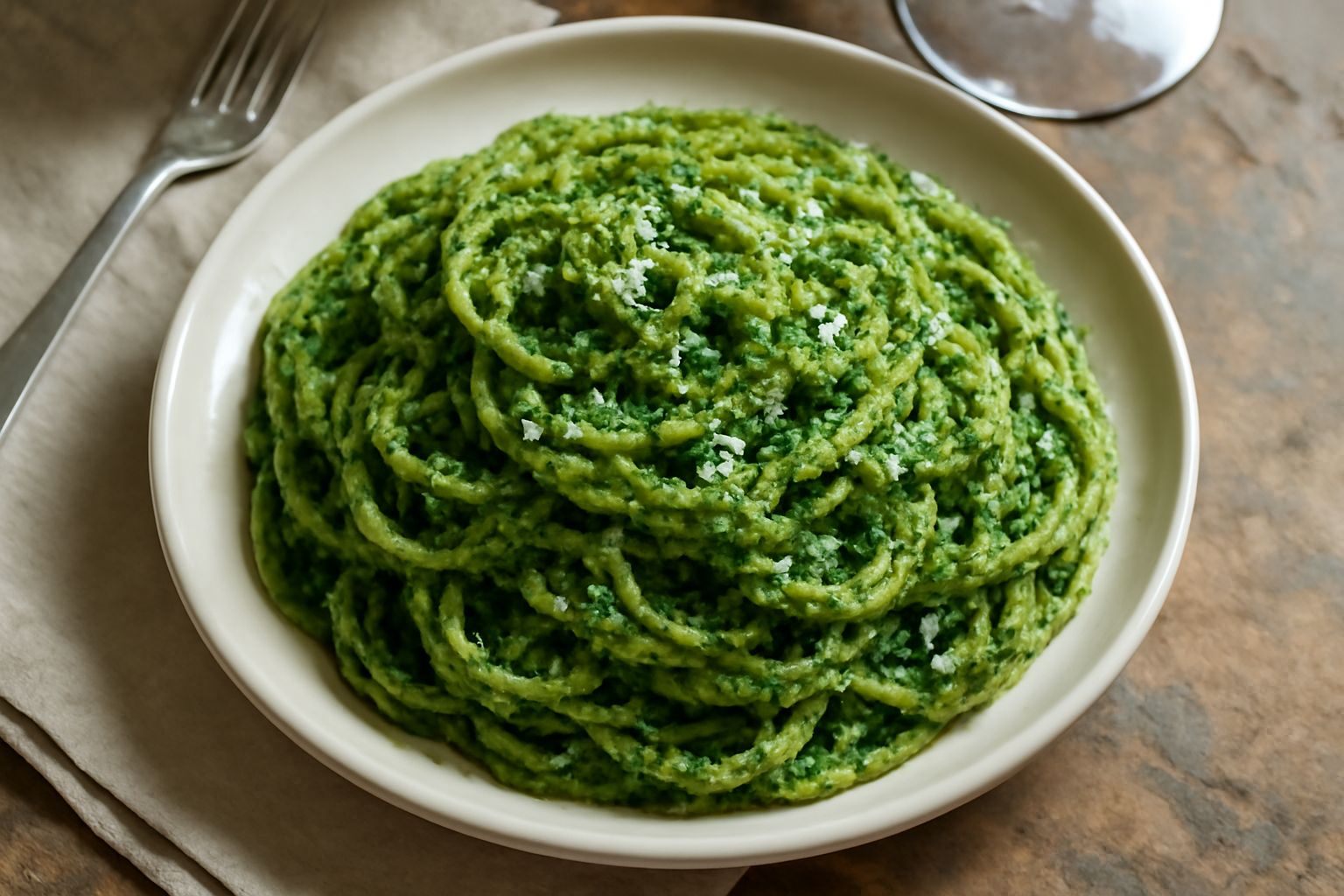 Ciotola di ceramica bianca contenente pesto toscano di colore verde intenso con grani di pecorino visibili in superficie e tracce di olio dorato, con due foglie di prezzemolo fresco accanto