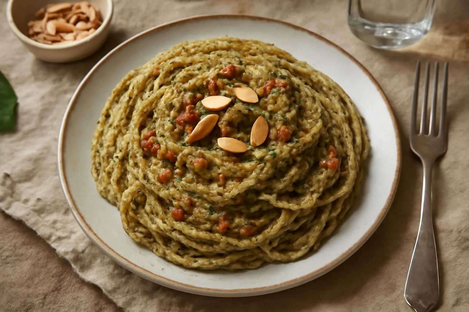 Pesto trapanese di color verde grigiastro con frammenti di mandorla e pomodoro, servito in una ciotola di ceramica bianca, con un cucchiaio di legno e foglie di basilico fresco accanto