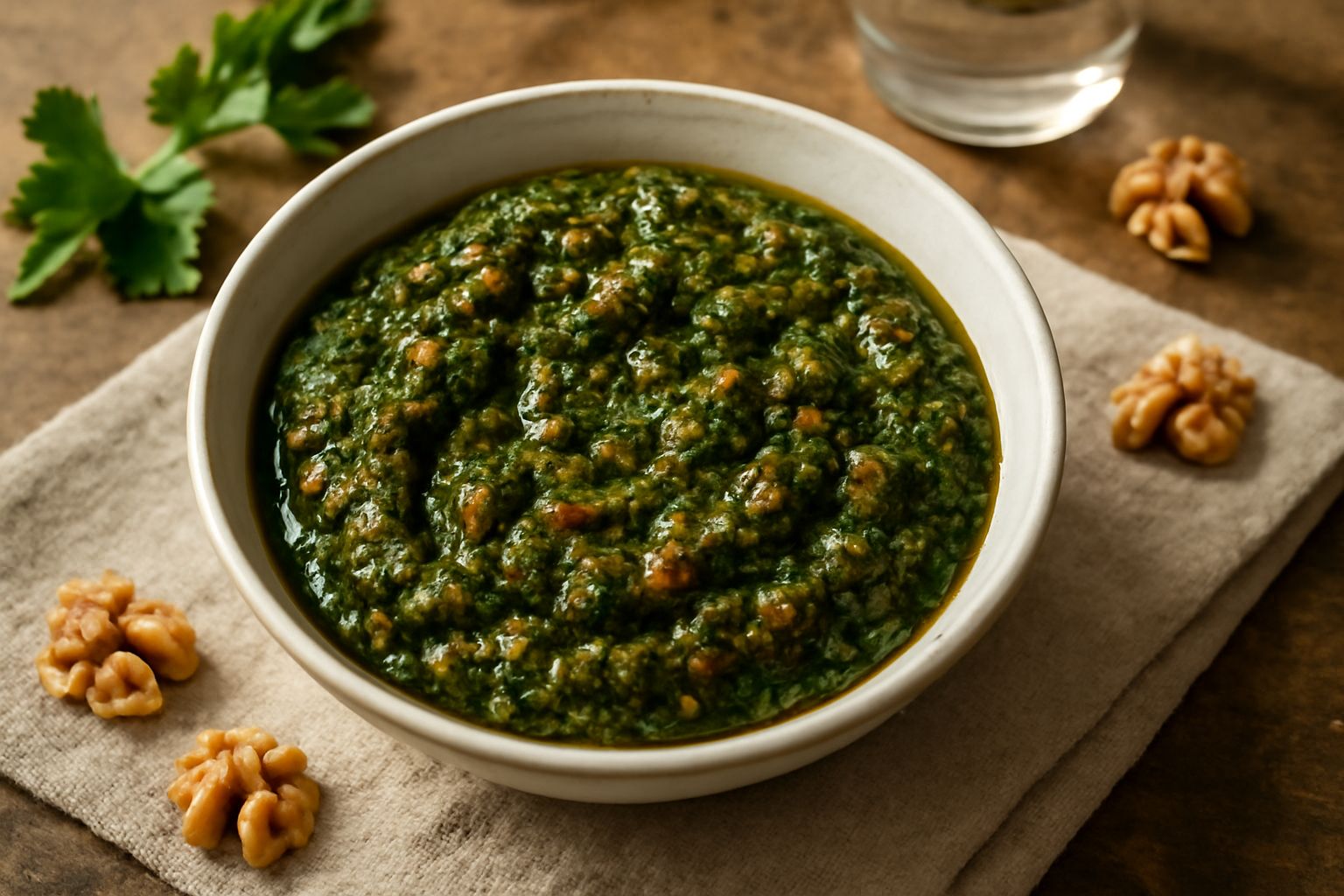 Ciotola di ceramica bianca con pesto triestino di colore verde intenso con sfumature marroni, venature di olio visibili in superficie, guarnito con mezza noce intera e rametto di prezzemolo fresco, po