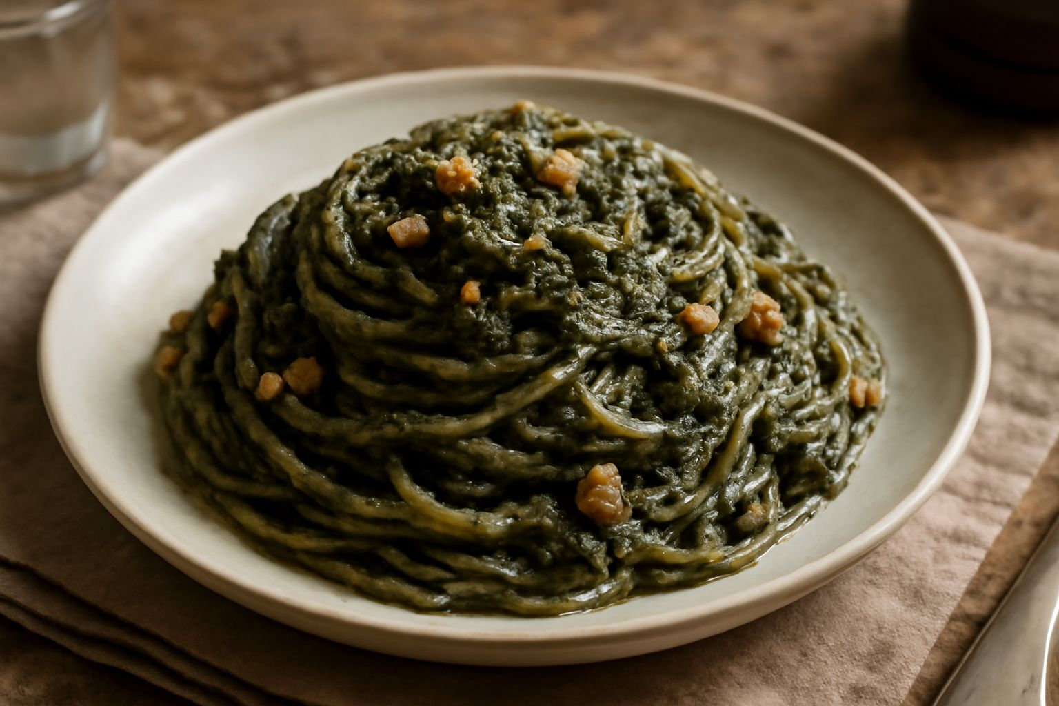 Ciotola di vetro con pesto umbro verde scuro e denso, con frammenti visibili di noci e prezzemolo, olio d'oliva lucido in superficie, cucchiaio di legno dentro, erbe fresche accanto