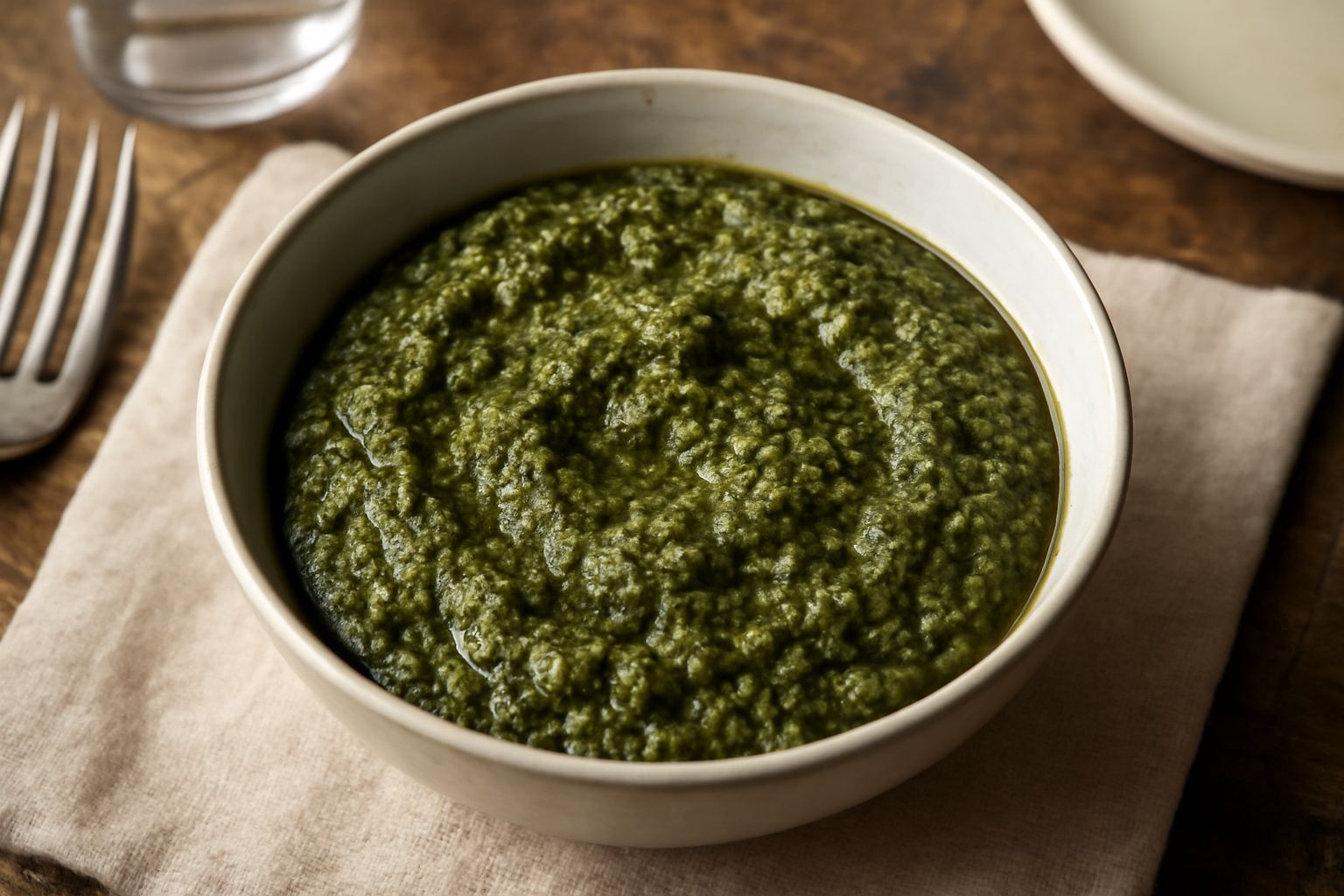 Pesto viterbese verde scuro in una ciotola bianca, con tracce di olio d'oliva in superficie, accompagnato da foglie di prezzemolo fresco e noci spezzate