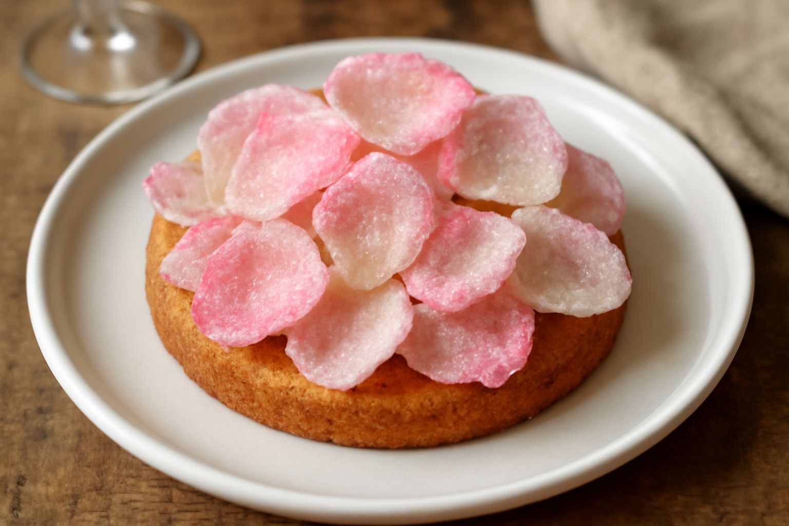 Petali di rosa di colore rosa e bianco ricoperti di zucchero cristallizzato, disposti su una carta da forno bianca, brillanti e fragili, con gocce di rugiada visibili sulle punte