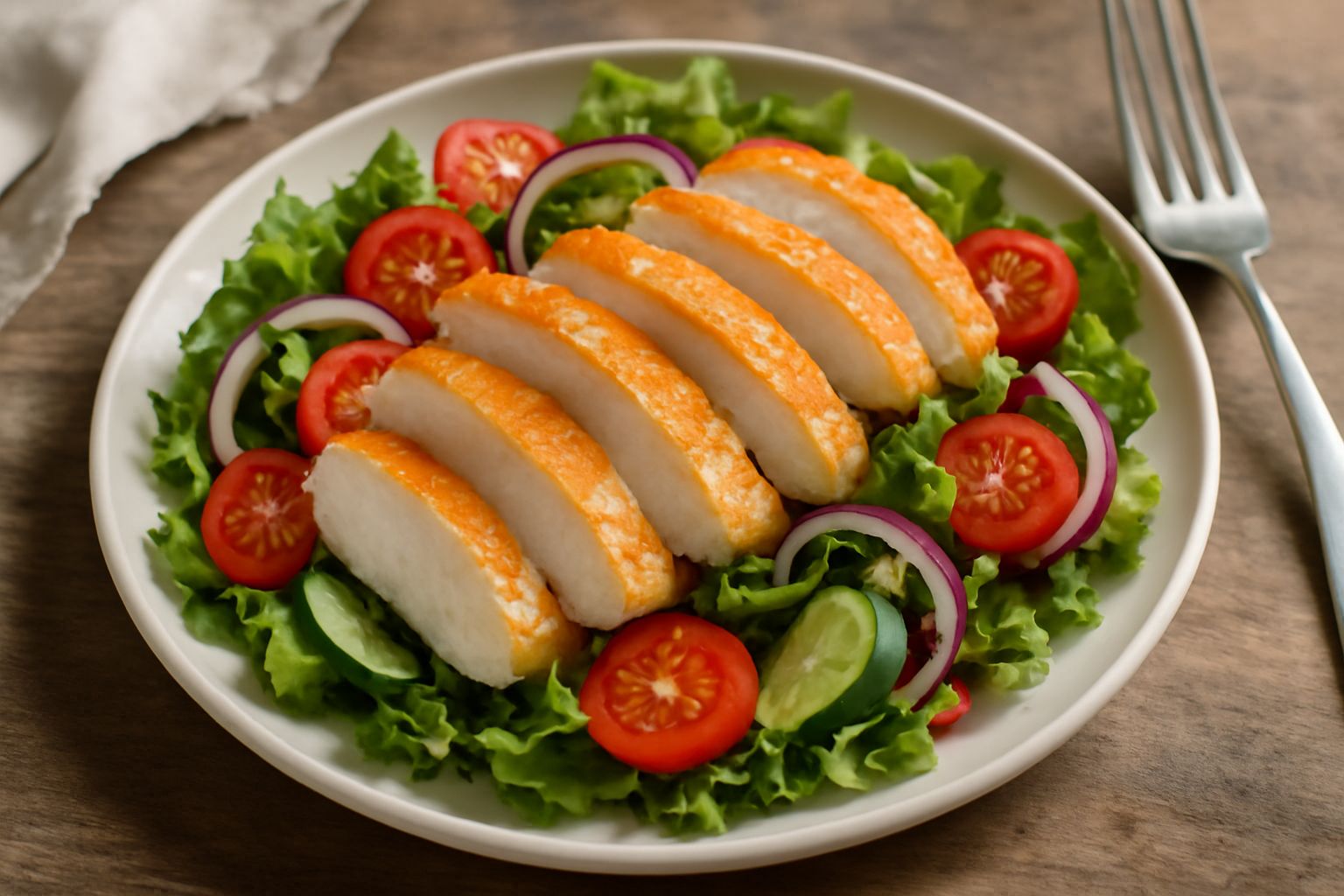 Insalata con petti di pollo affettati e tiepidi serviti su letto di verdure miste crude: lattuga verde, pomodori rossi, carote arancioni, olive nere, con vinaigrette trasparente che lucida il piatto
