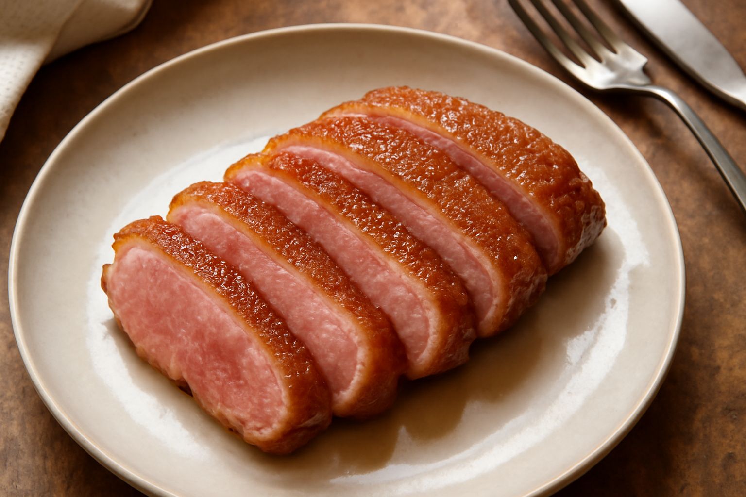 Petto d'anatra affettato nel piatto: fette di carne rosata circondate da pelle dorata e croccante, accompagnate da verdure scure di contorno e salsa marrone nel fondo del piatto bianco