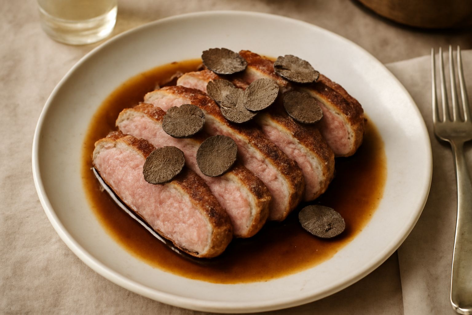 Petto d'anatra affettato in fettine di due centimetri, crosta dorata marrone in superficie, interno rosato e brillante, piatto bianco, lamelle di tartufo grigio disposte sulla carne, contorno di salsa
