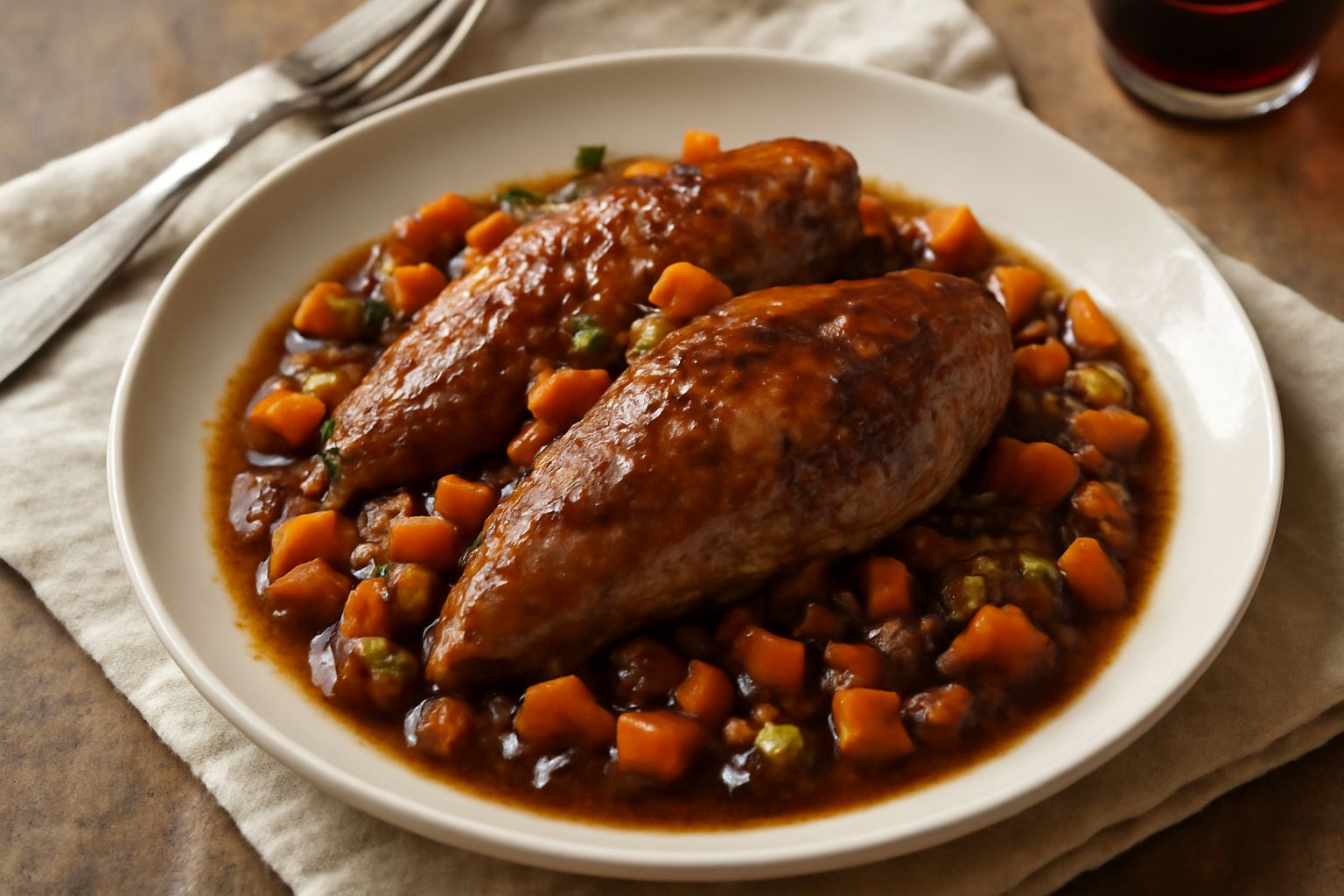 Petto di fagiano in umido servito in un piatto bianco, carne marrone dorata circondata da sugo scuro, carote, sedano e cipolla caramellata, guarnito con prezzemolo fresco