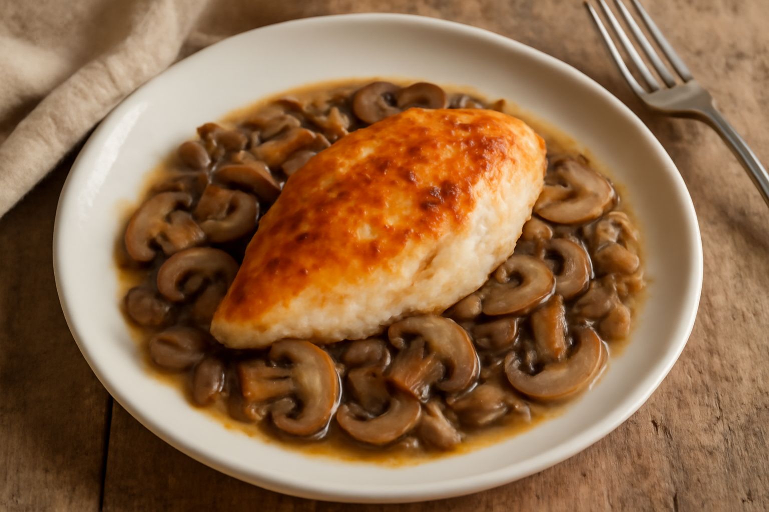 Petto di pollo dorato rosato con funghi trifolati in salsa leggera, impiattato su piatto bianco, con prezzemolo fresco e limone in contorno