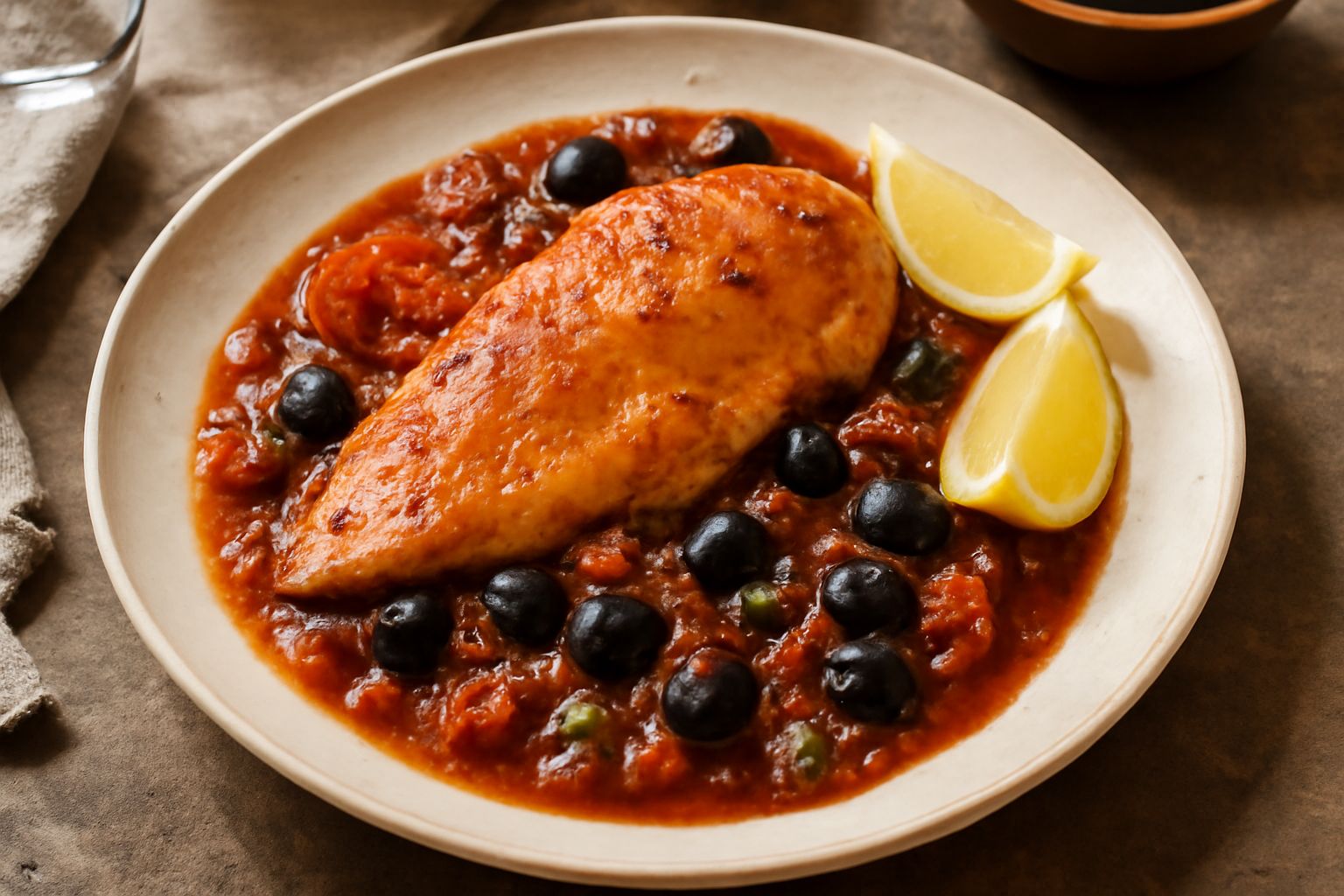 Petto di pollo dorato in padella, ricoperto di salsa rosso-scura con olive nere e capperi verdi, servito in bianco con limone fresco