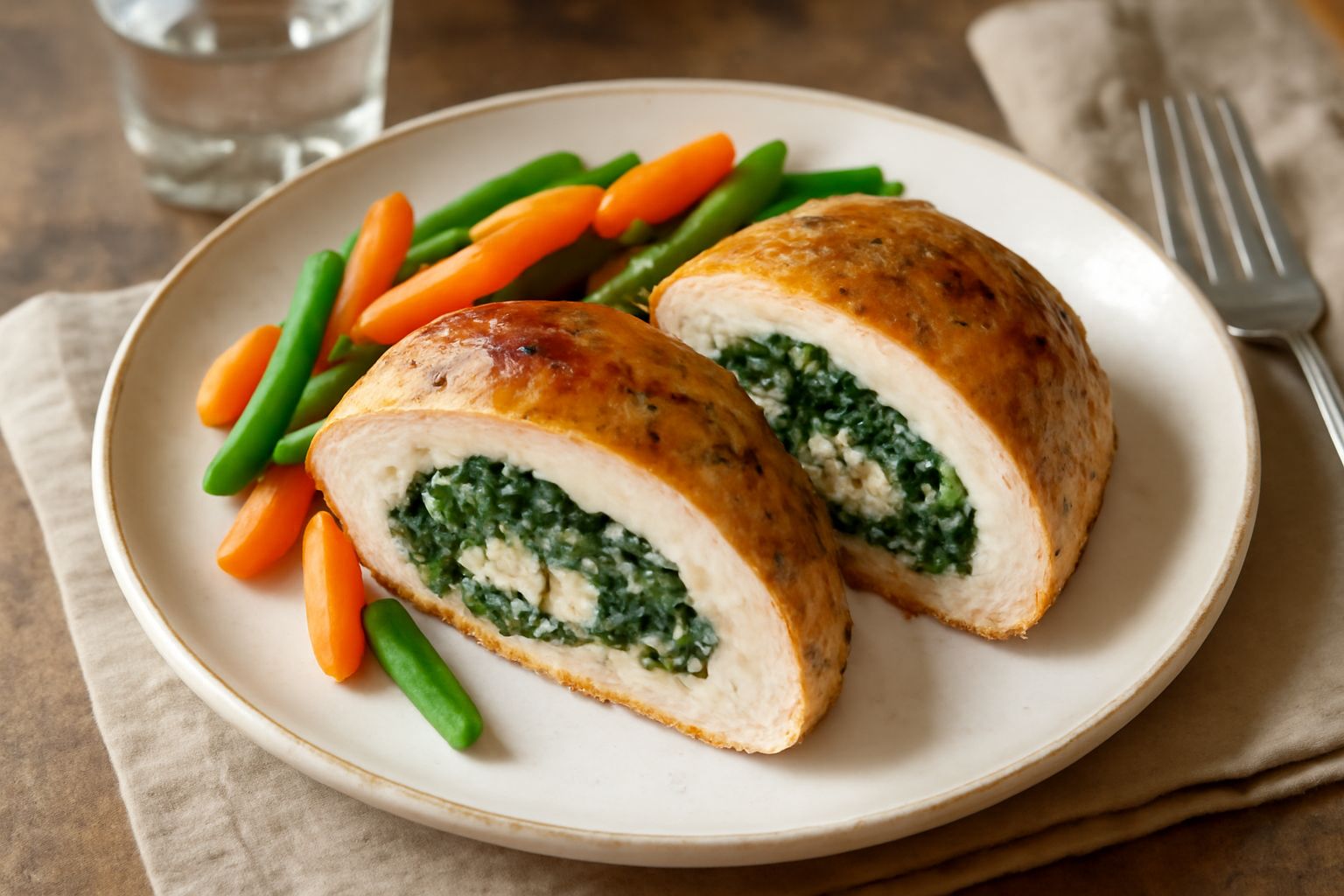 Petto di pollo ripieno affettato nel piatto, con ricotta e spinaci che fuoriescono dal taglio, guarnito con pomodorini rossi e insalata mista verde accanto, fondo bianco