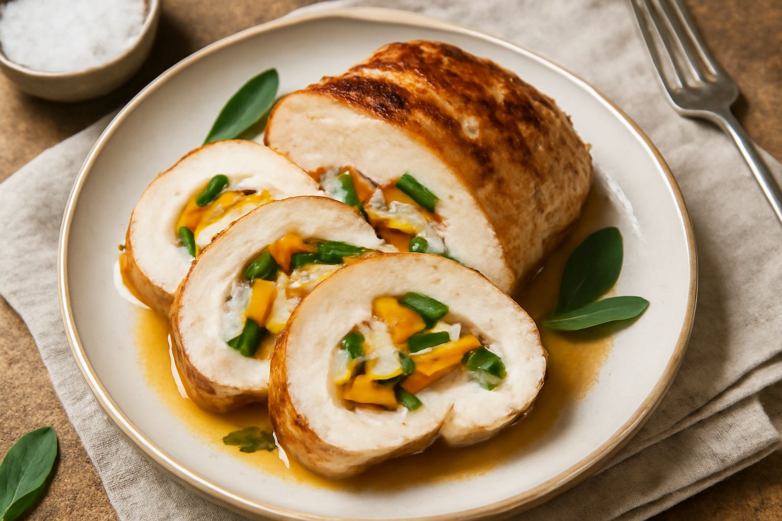 Petto di tacchino ripieno affettato su piatto bianco, con ripieno di verdure colorate visibile all'interno, accompagnato da limone fresco e rosmarino