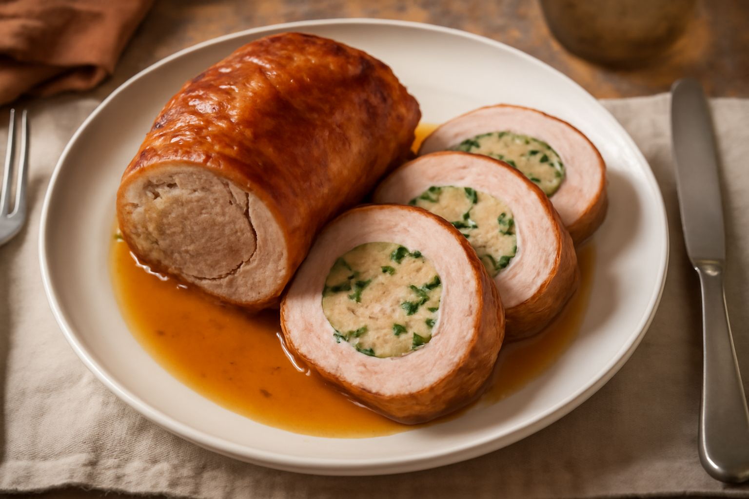Petto di vitella ripieno affettato su piatto bianco, sezioni di roulade rosea che mostrano la farcia al centro, contorno di verdure grigliate, vapore ancora caldo dalla carne