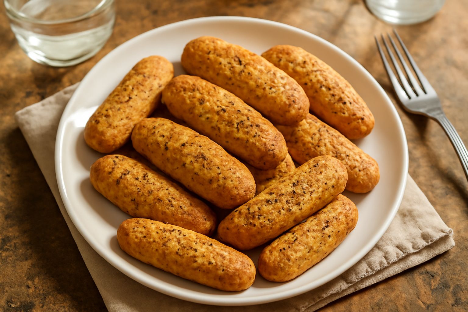 Pevarini dorati e croccanti disposti in fila su un piatto bianco, con il pepe nero visibile in superficie e una tazza di caffè sfocata sullo sfondo