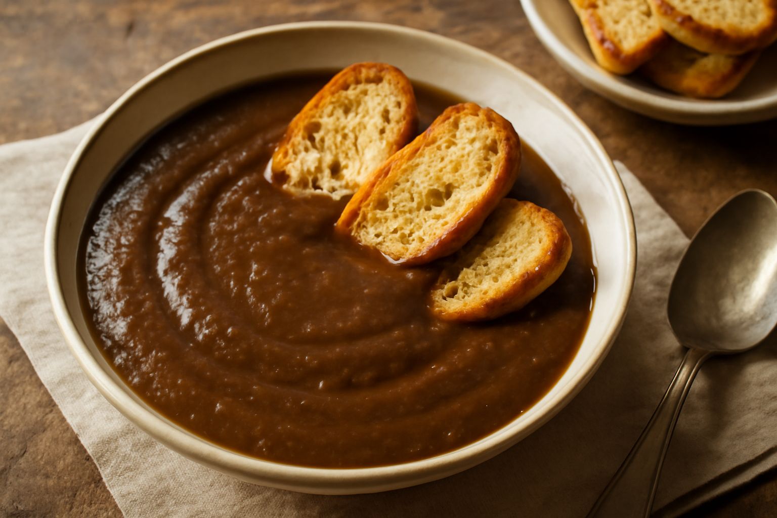 Ciotola di peverada marrone scura cremosa con gocce d'olio, accanto fette di pane tostato e un piatto di bollito di manzo sfumato sullo sfondo