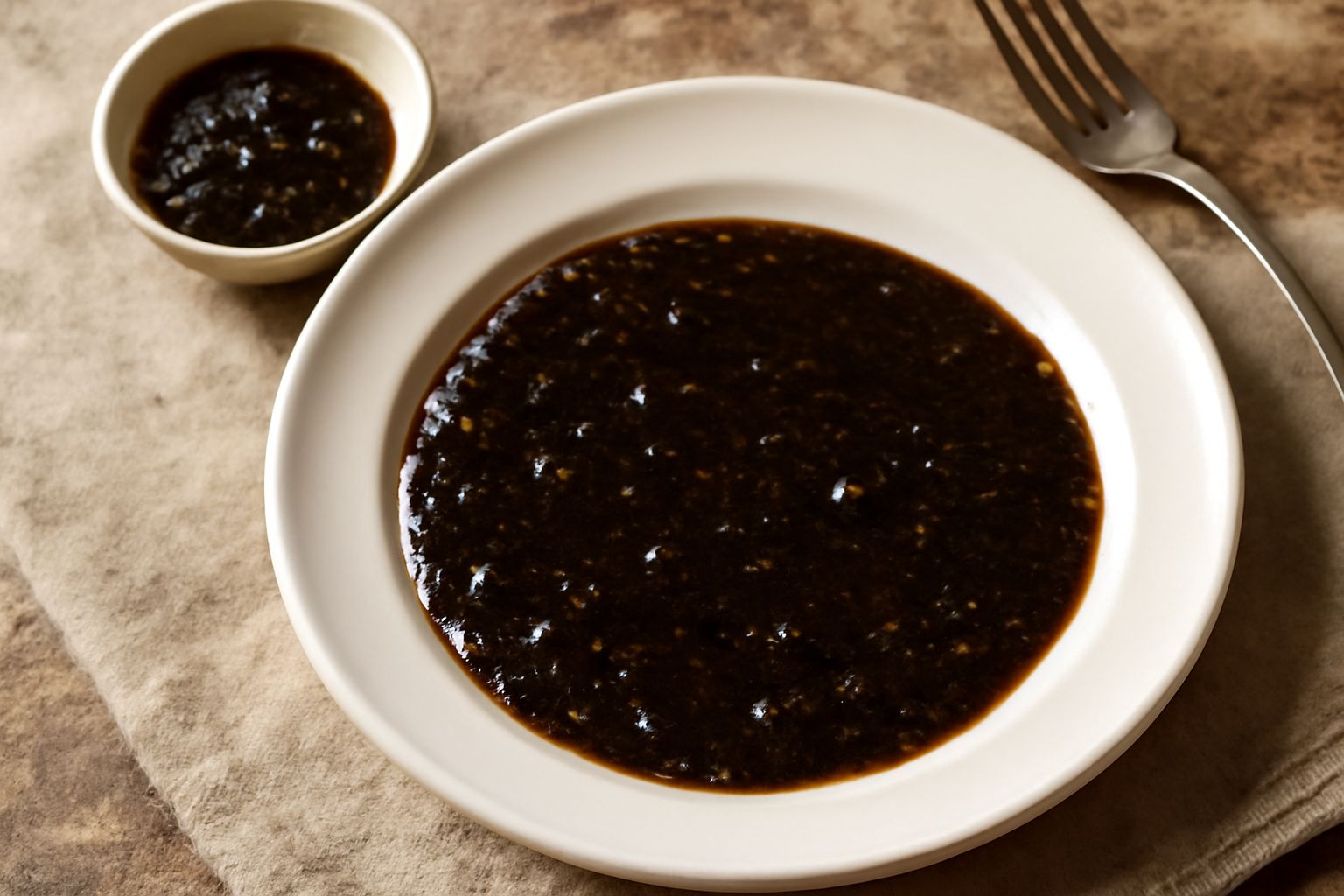 Peverada fredda in ciotola bianca, liquido scuro e oleoso con granelli visibili di pepe nero macinato, accompagnata da fette di pane tostato su piattino grigio