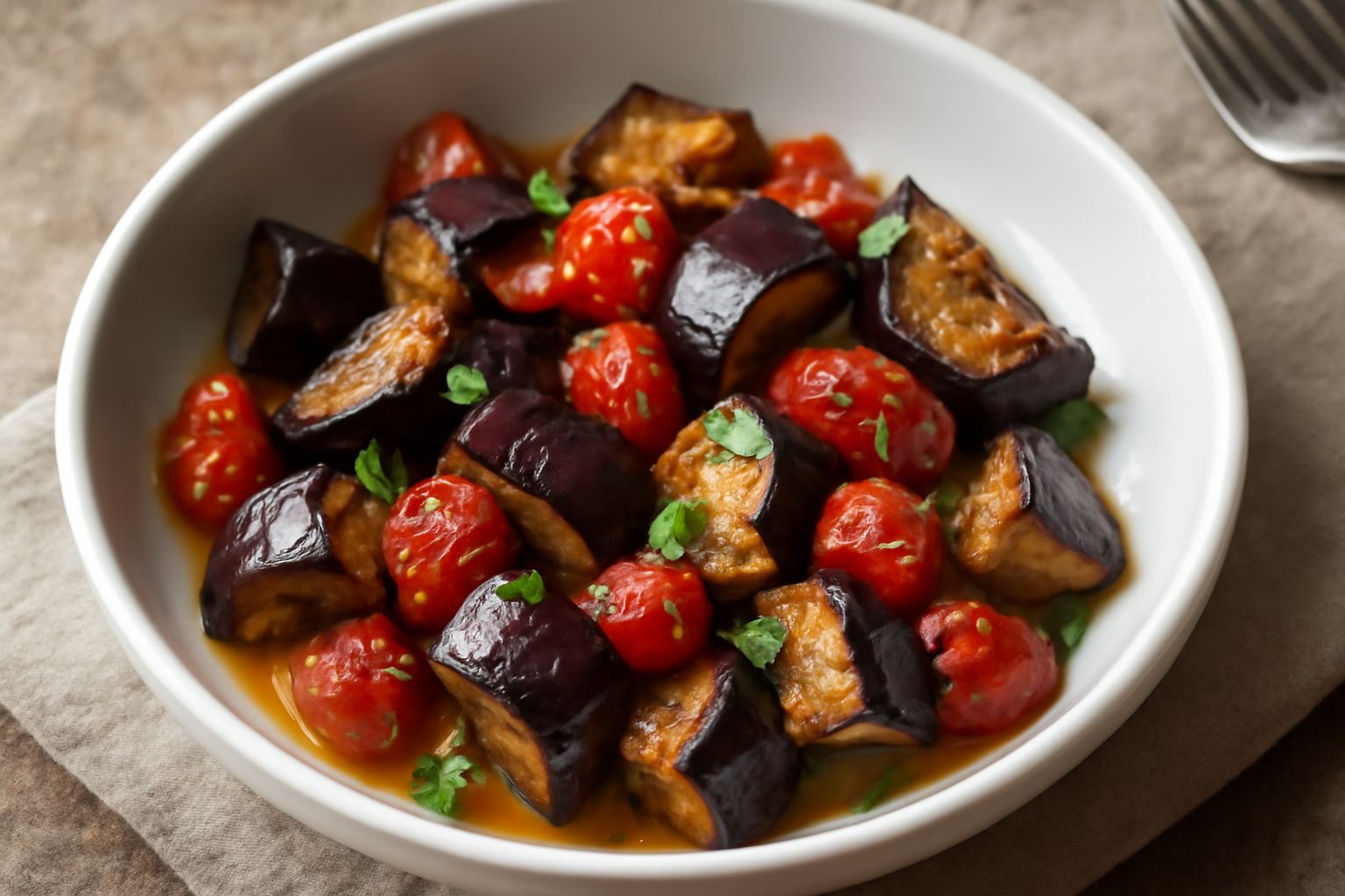 Melanzane violacee tagliate a dadi, cotte in padella con pomodorini rossi, basilico fresco verde e un filo d'olio d'oliva, disposte in un piatto bianco fondo, vapore caldo visibile appena.