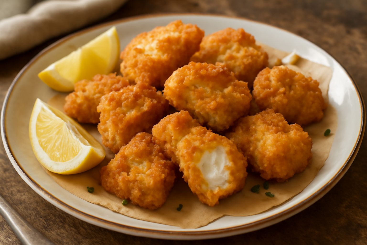Pezzi di pesce fritto dorati e croccanti disposti su carta assorbente bianca, con limone fresco tagliato a spicchi e prezzemolo verde sui lati del piatto