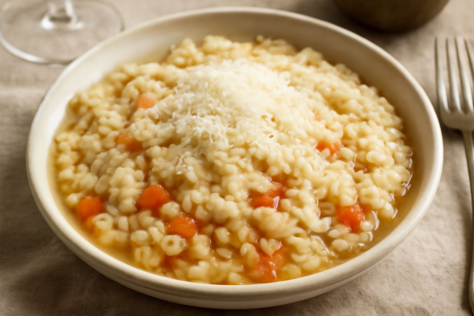 Piatto bianco con minestra di pezzi di riso cremosa, verdure soffritte a lato, gocce di brodo tra i granuli, ciotola di parmigiano sullo sfondo