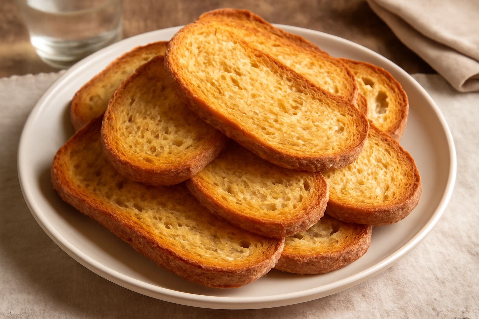Crostini dorati e croccanti disposti su un piatto bianco, fette sottili di pane tostato con bordi leggermente anneriti, superficie ruvida e brillante
