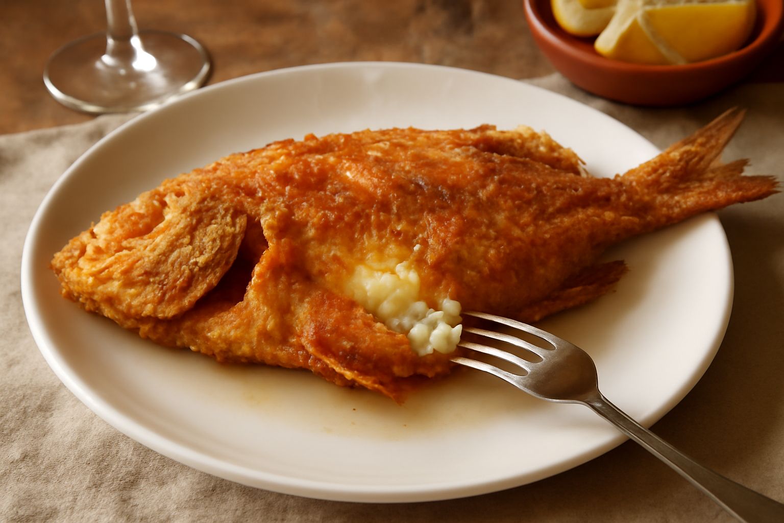 Pezzogna fritta dorata e croccante su un piatto bianco con limone fresco tagliato a spicchi, accompagnata da un contorno di verdure crude e salsa tartara in ciotola
