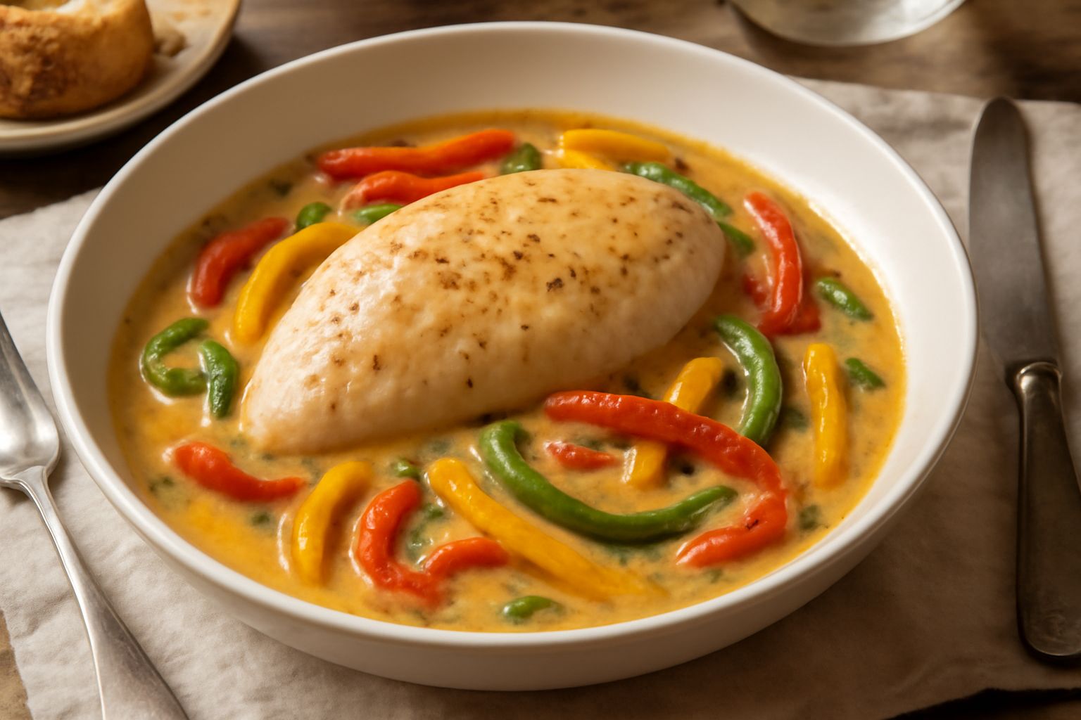 Pfeffer Huhn servito in un piatto fondo bianco: petto di pollo bianco e tenero circondato da strisce di peperoni rossi, gialli e verdi brillanti in sugo leggermente denso, guarnito con prezzemolo fres