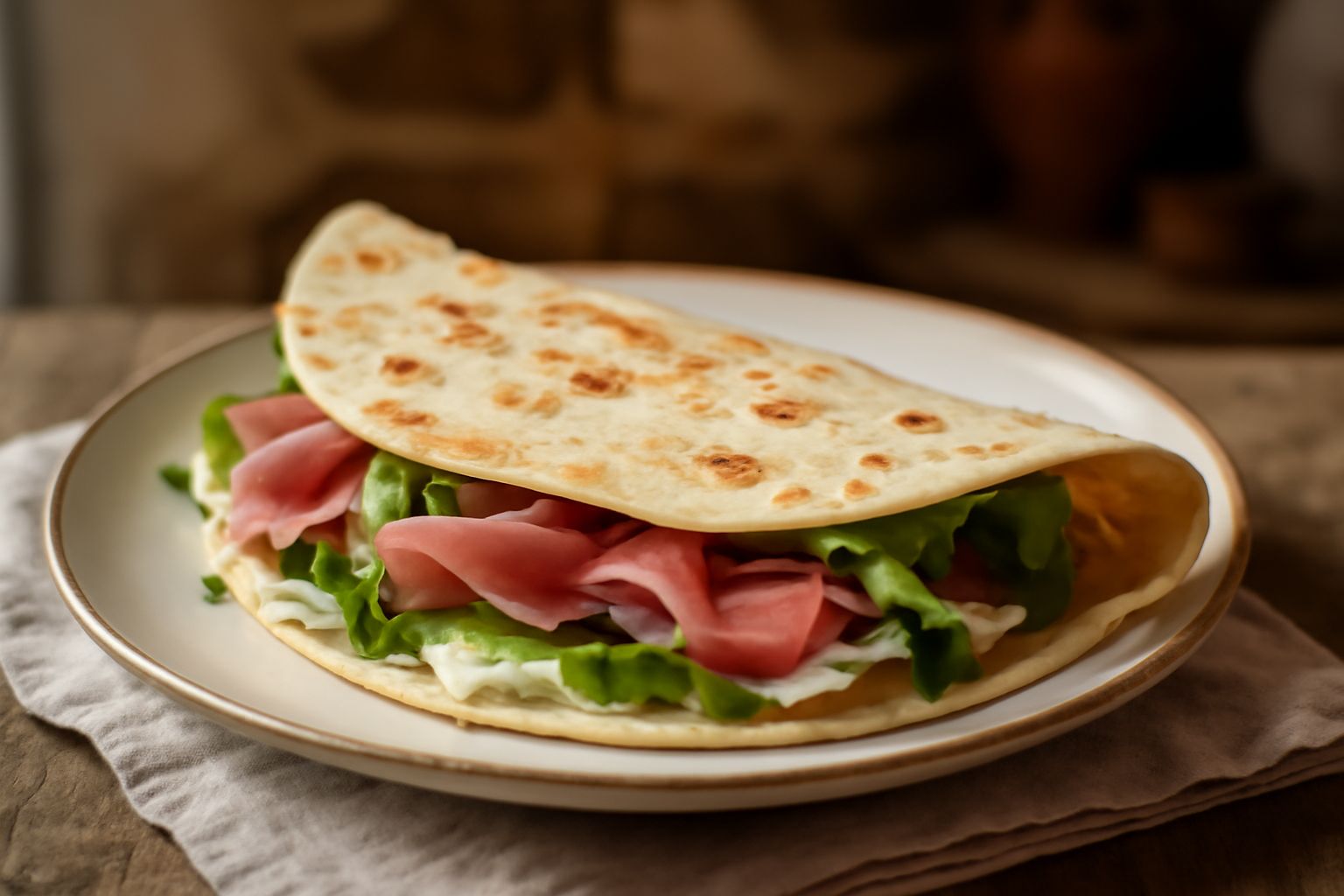 Una piada di Ravenna appena cotta in padella, sfoglia dorata e croccante, tagliata a metà, ripiena di formaggio fuso e cicoria scura, su tavolo di legno rustico