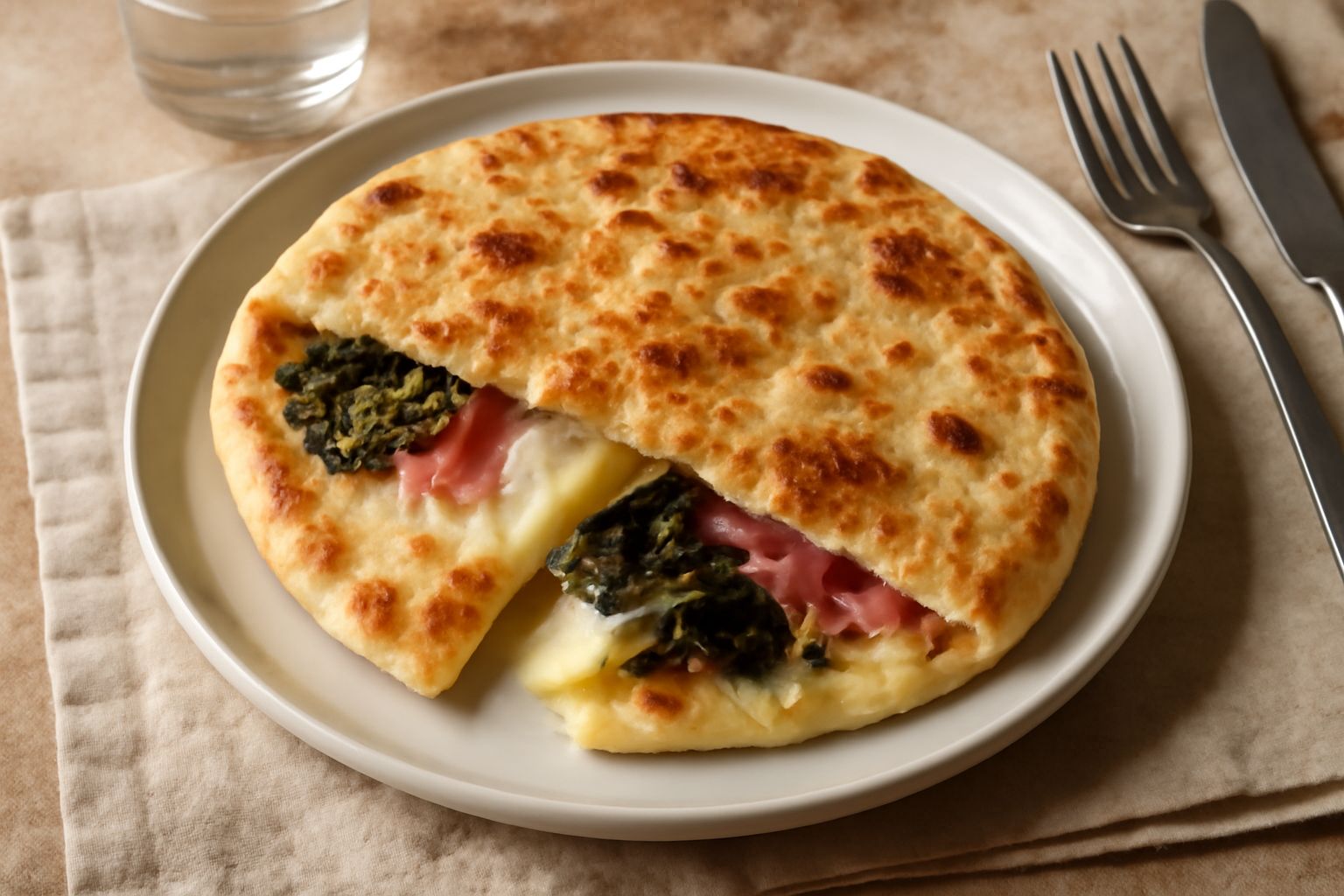 Piada ripiena tagliata a metà poggiata su un piatto bianco, con ripieno di formaggio fuso e verdure verdi visibili, superficie dorata e croccante