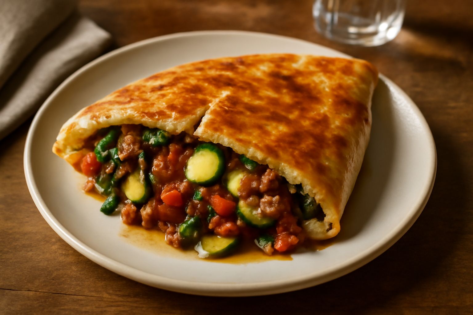 Piada appena cotta dorata su un tagliere di legno, tagliata a metà per mostrare il ripieno di verdure saltate e formaggio fuso all'interno, con un contorno di insalata fresca