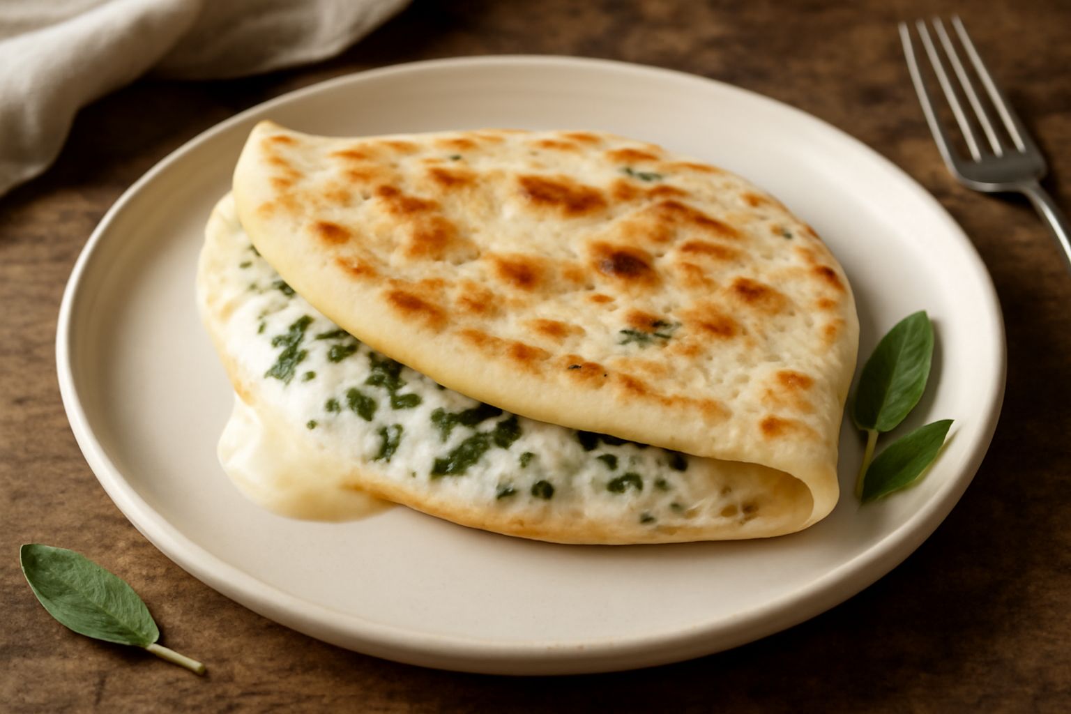 Piada appena cotta, ancora calda, con formaggio fuso che esce dai bordi, erbe verdi visibili nella farcitura, poggiata su un piatto bianco con un filo d'olio d'oliva