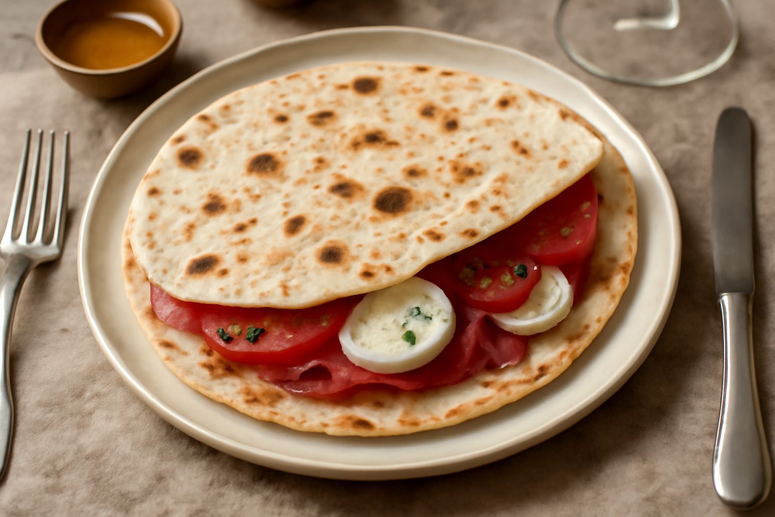 Piadina cosentina tonda e dorata, appena sfornata da una padella in ferro, leggermente soffiata, con tracce di cottura marroni, servita su un piatto in ceramica bianca