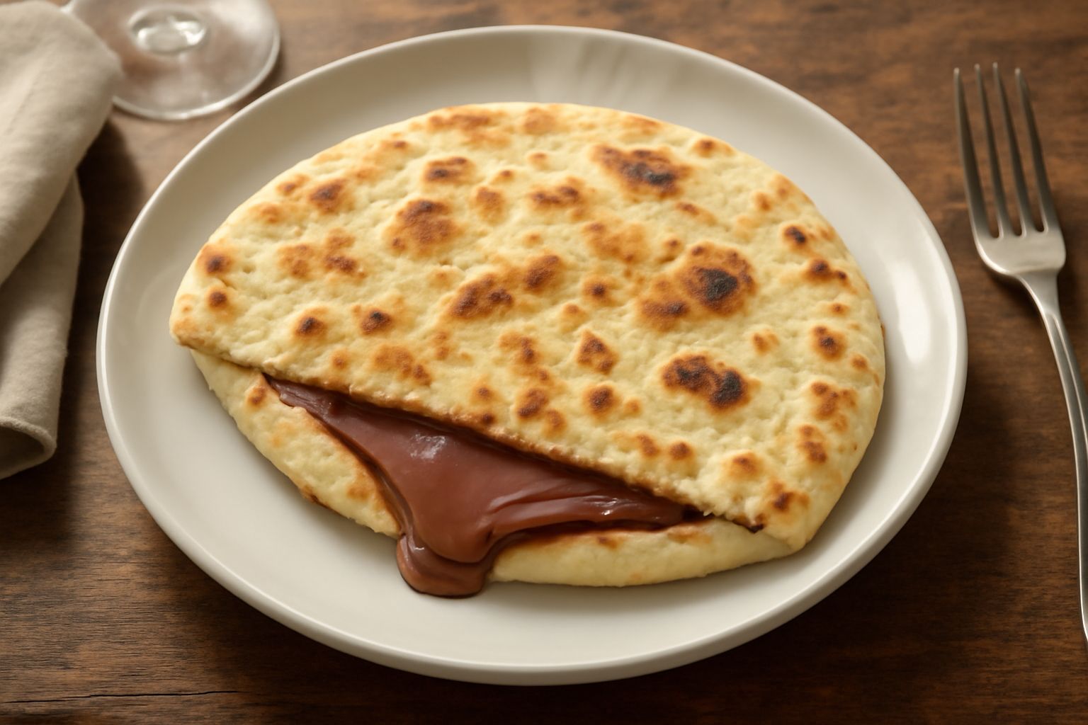 Piadina dolce pieghevole con ripieno di Nutella bruno-rossiccio, servita su piatto bianco, vapore leggero visibile, superficie dorata e leggermente gonfia