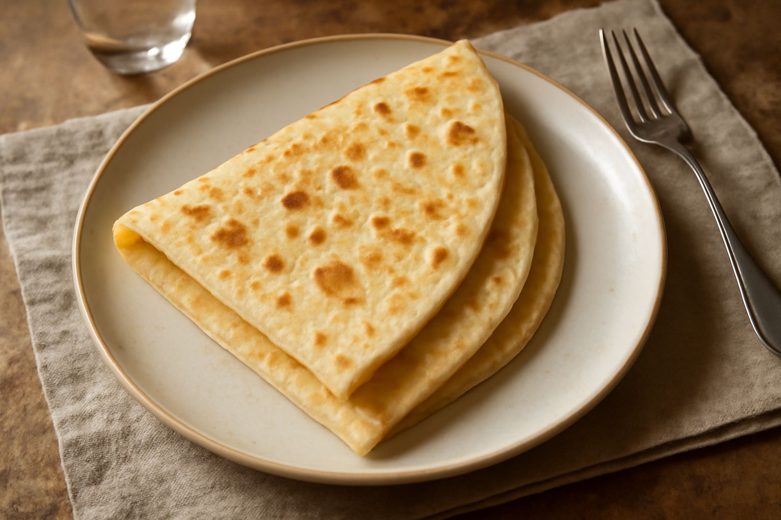 Piadina faentina dorata e croccante su un piatto bianco, piegata a metà, con la superficie lievemente butterata dal calore, vapore appena visibile
