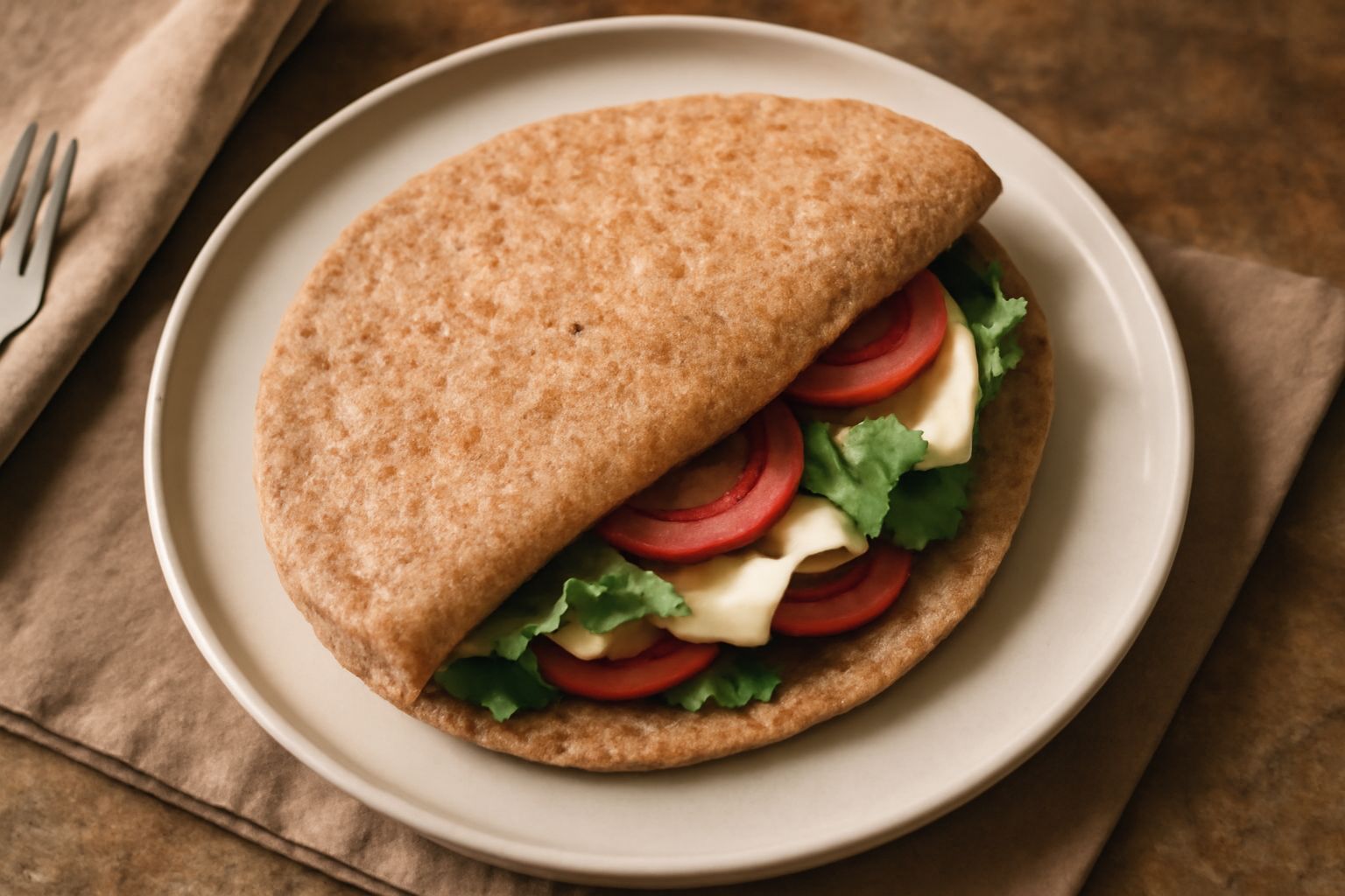 Piadina integrale dorata e gonfia appena sfornata, piegata a metà su un canovaccio di lino bianco, con sottili righe scure della cottura visibili sulla superficie