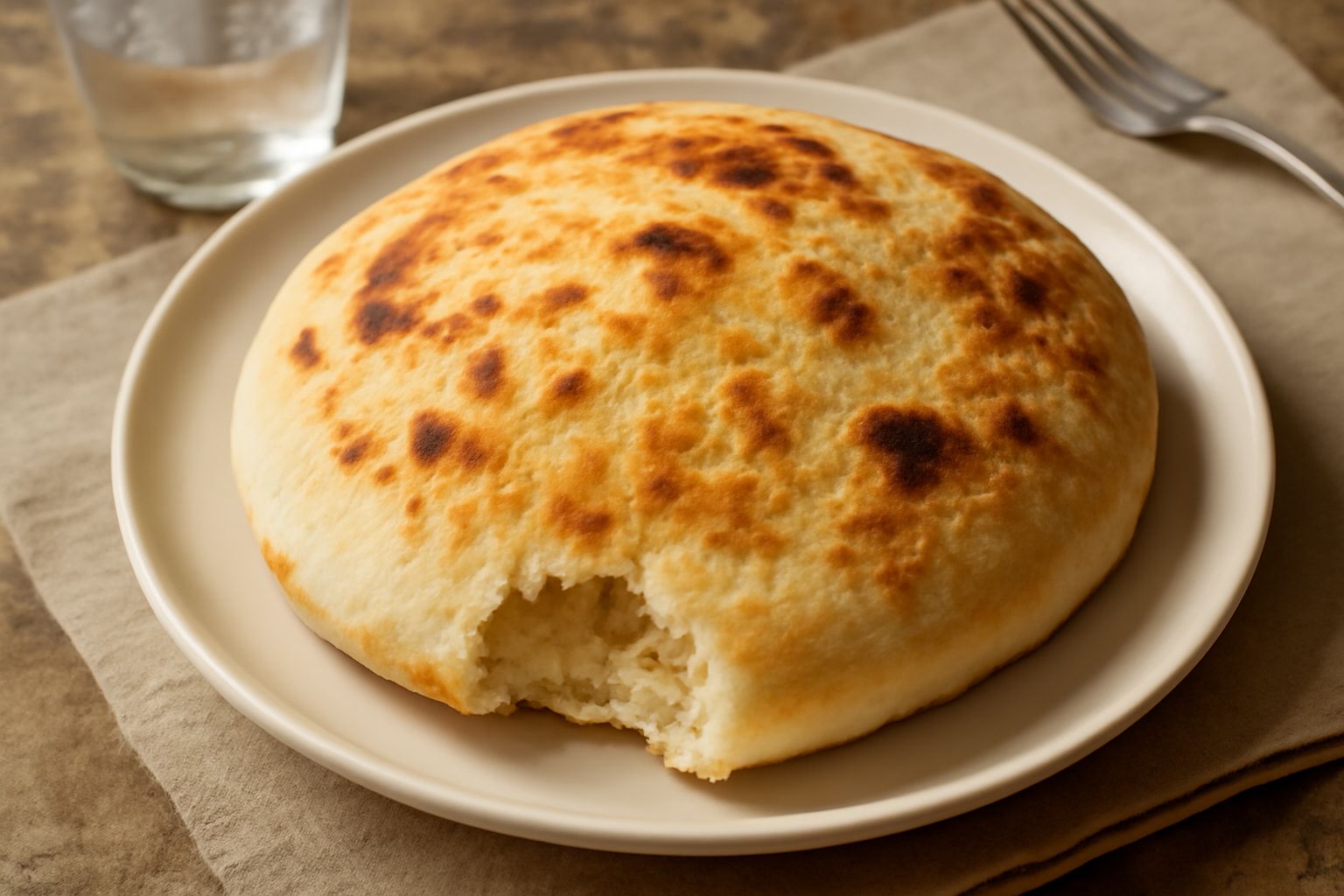 Piadina marchigiana appena cotta in padella di ferro, color dorato con strisce scure di cottura, tagliata a metà che mostra il ripieno di formaggio filante e ciccioli bianchi all'interno, servita tiep