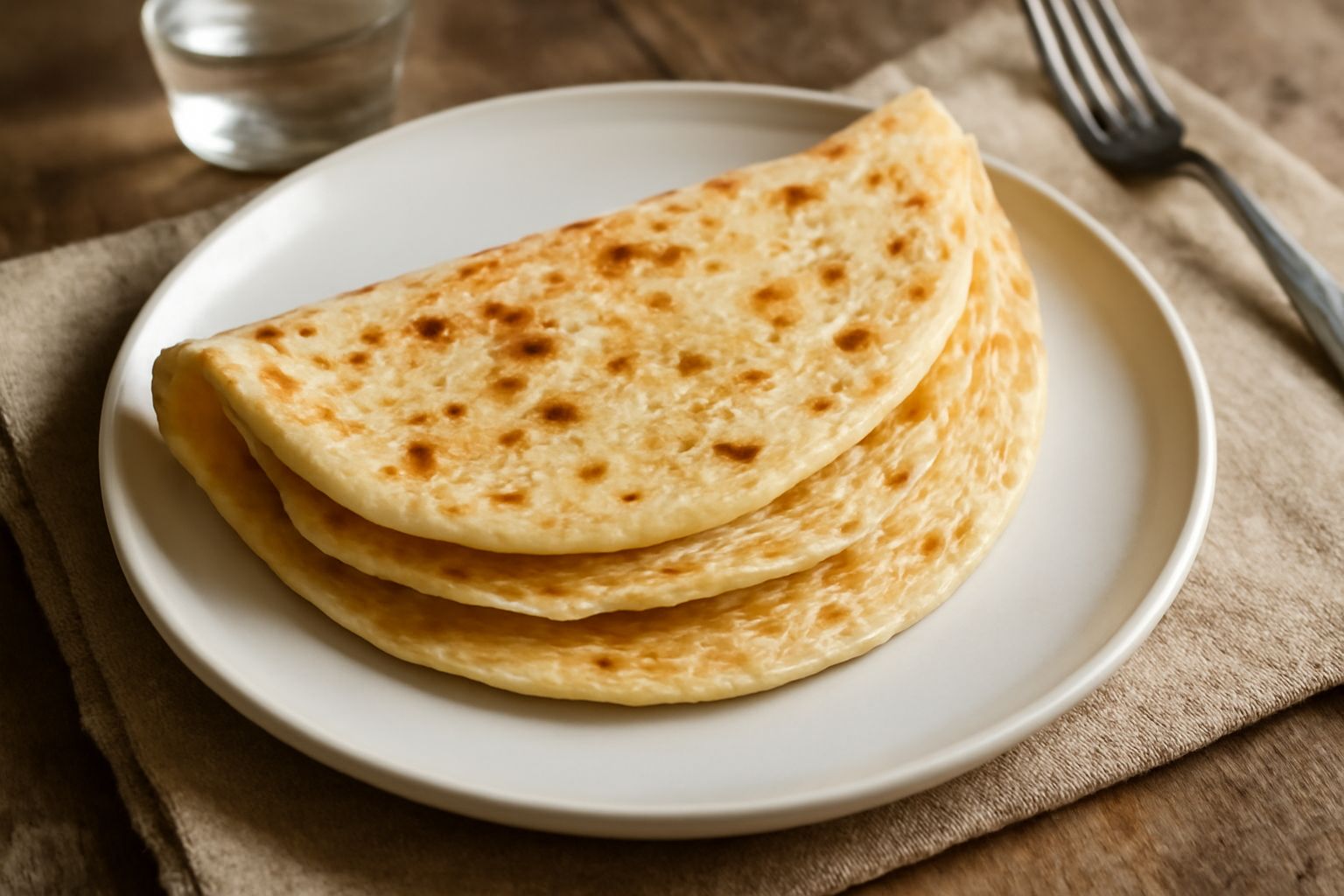 Piadina modenese rotonda dorata e appena cotta, servita in un piatto bianco, vista dall'alto con vapore leggero ancora visibile