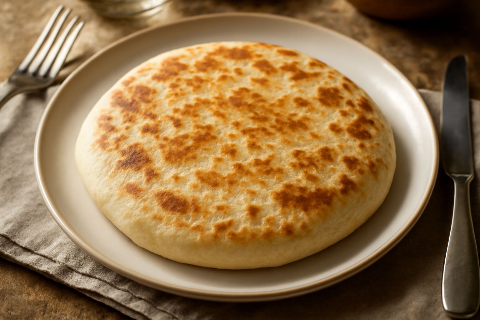 Piadina piacentina dorata e leggermente gonfia appena tolta dalla padella, con macchioline scure sulla superficie, servita ancora calda in un piatto bianco
